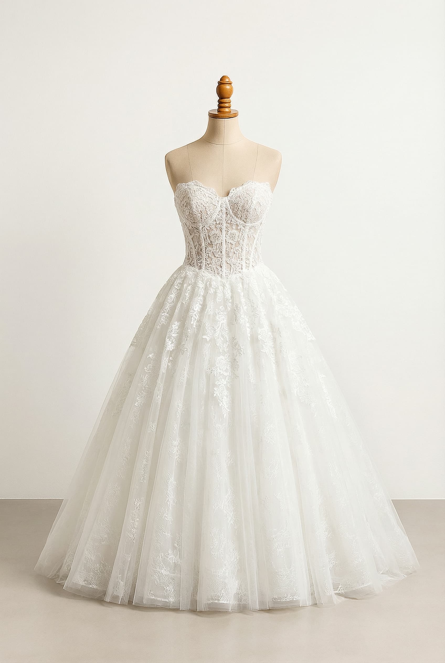 A lace corset with antique white floral lace design and crisp bright white lining, with cascading lace onto a pastel lavender ombre tulle skirt, featuring a sweetheart off-shoulder neckline with elbow-length sleeves.