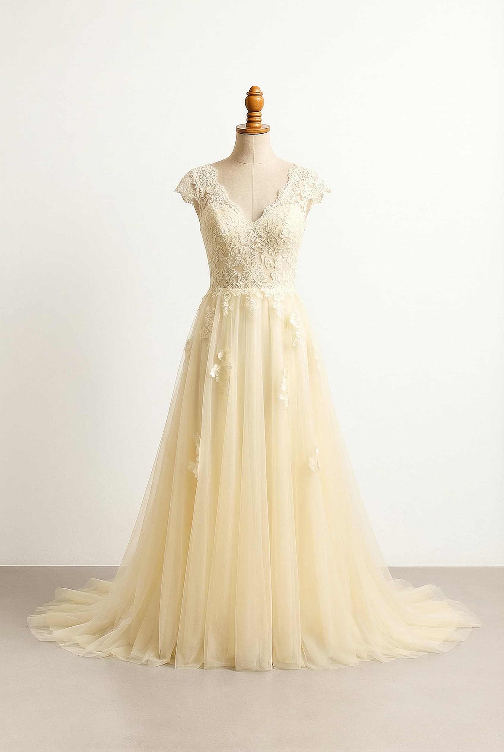 A romantic floor-length pale yellow wedding dress with a cowl neckline, featuring elegant pale yellow lace and embroidered flowers.