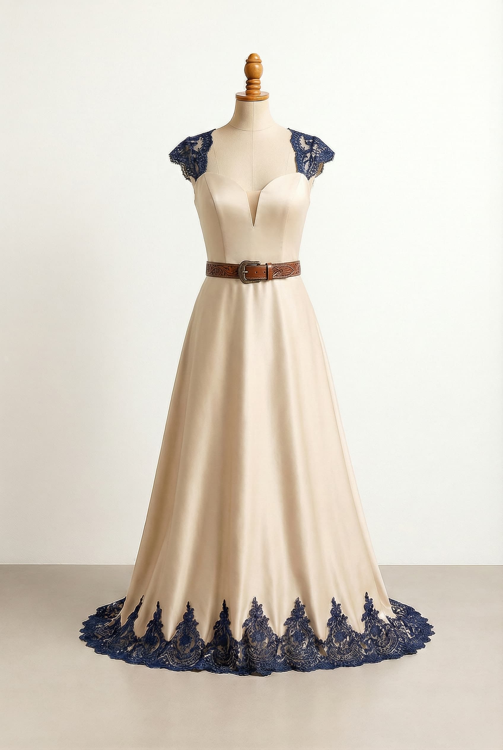 Rustic western wedding dress with champagne color. V-neck with a mix of a sweetheart neckline. Structured western cap sleeves, not too wide. A-line silhouette. Navy blue lace on the bodice and hem.; Add rustic belt