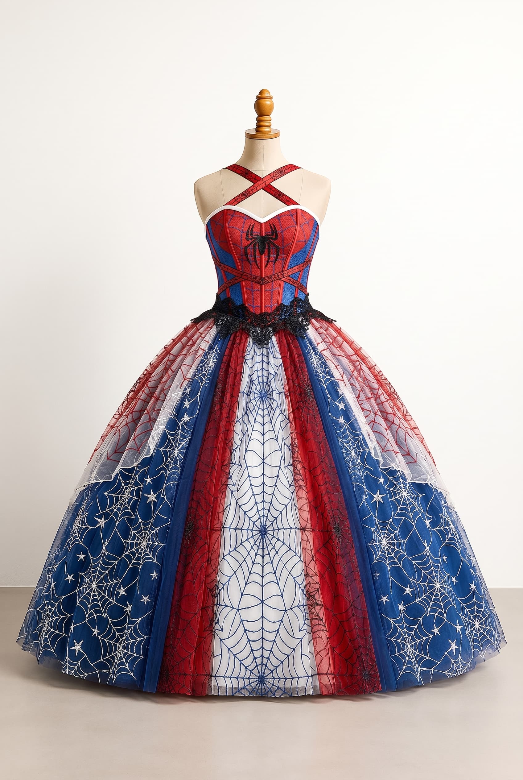 balanced quinceañera dress with a Spider-Man theme, featuring a red, blue, white color scheme, a corset top with web ribbon detailing, X-shaped over-the-shoulder straps, black lace detailing at the waistline.