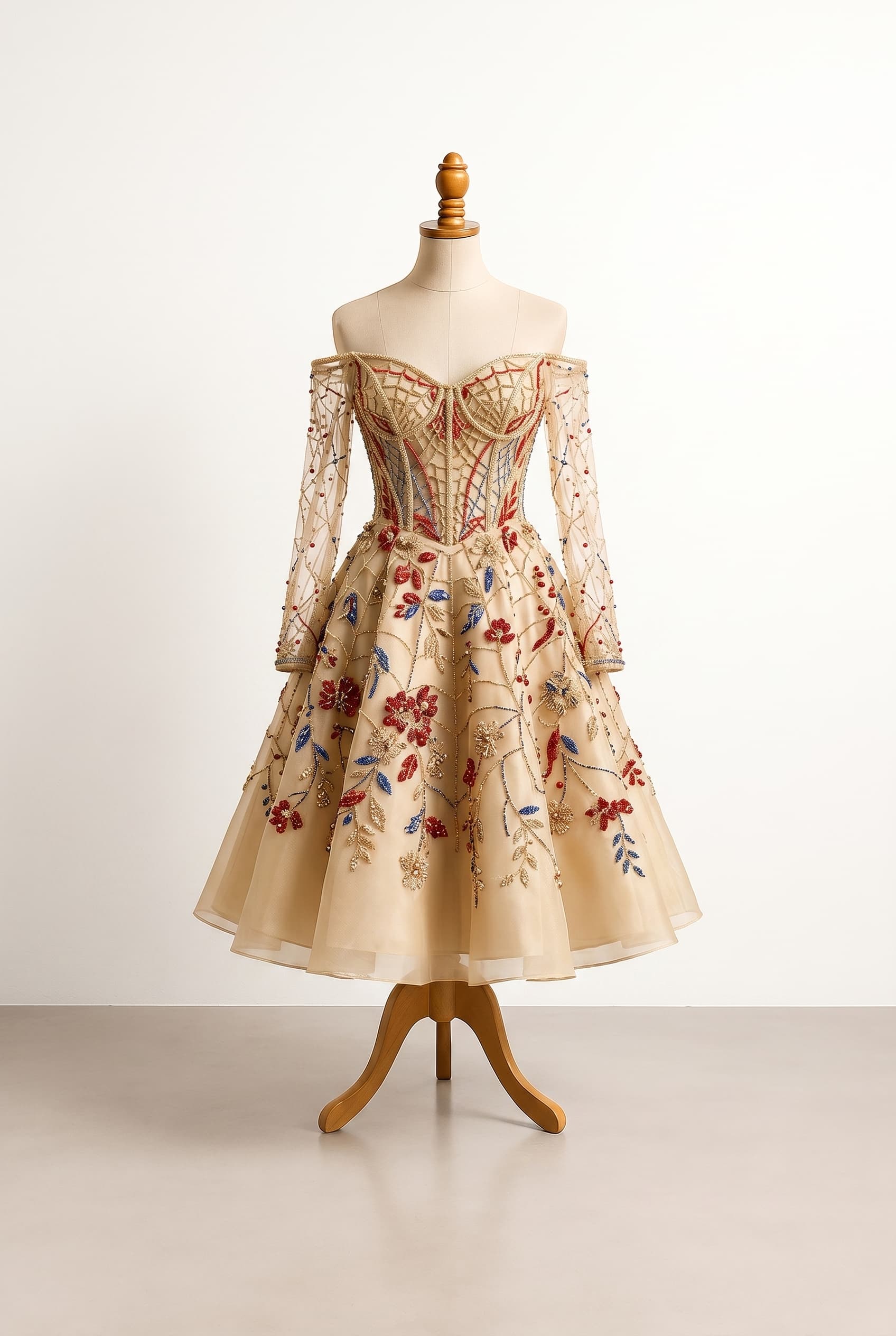 A fresh modern Spider-Man themed quinceañera look with a corset top and knee-length skirt. The design features a blue and red color scheme, long sleeves, and a balanced silhouette. It incorporates intricate nature-inspired textures for a clean, elegant impression while ensuring easy movement. Avoid heavy opaque fabrics.