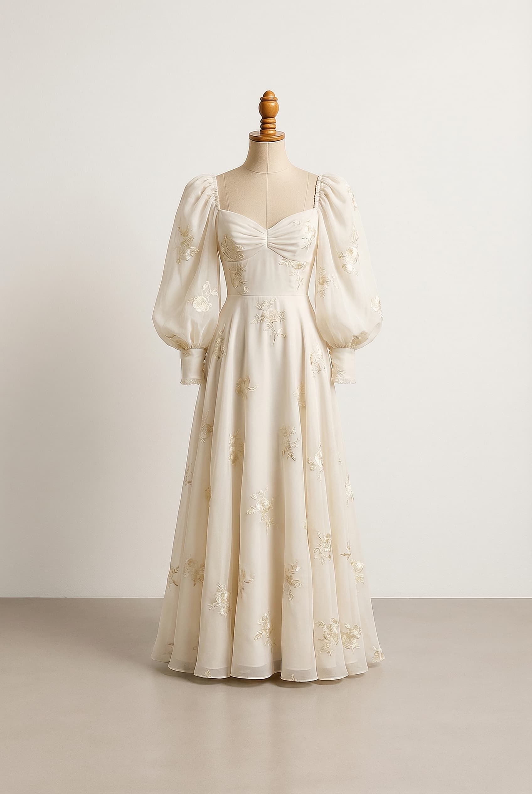 I want a balanced custom dress with classic grace mixed with romantic whisper, puffy sleeve, sweetheart neckline, a line maxi dress