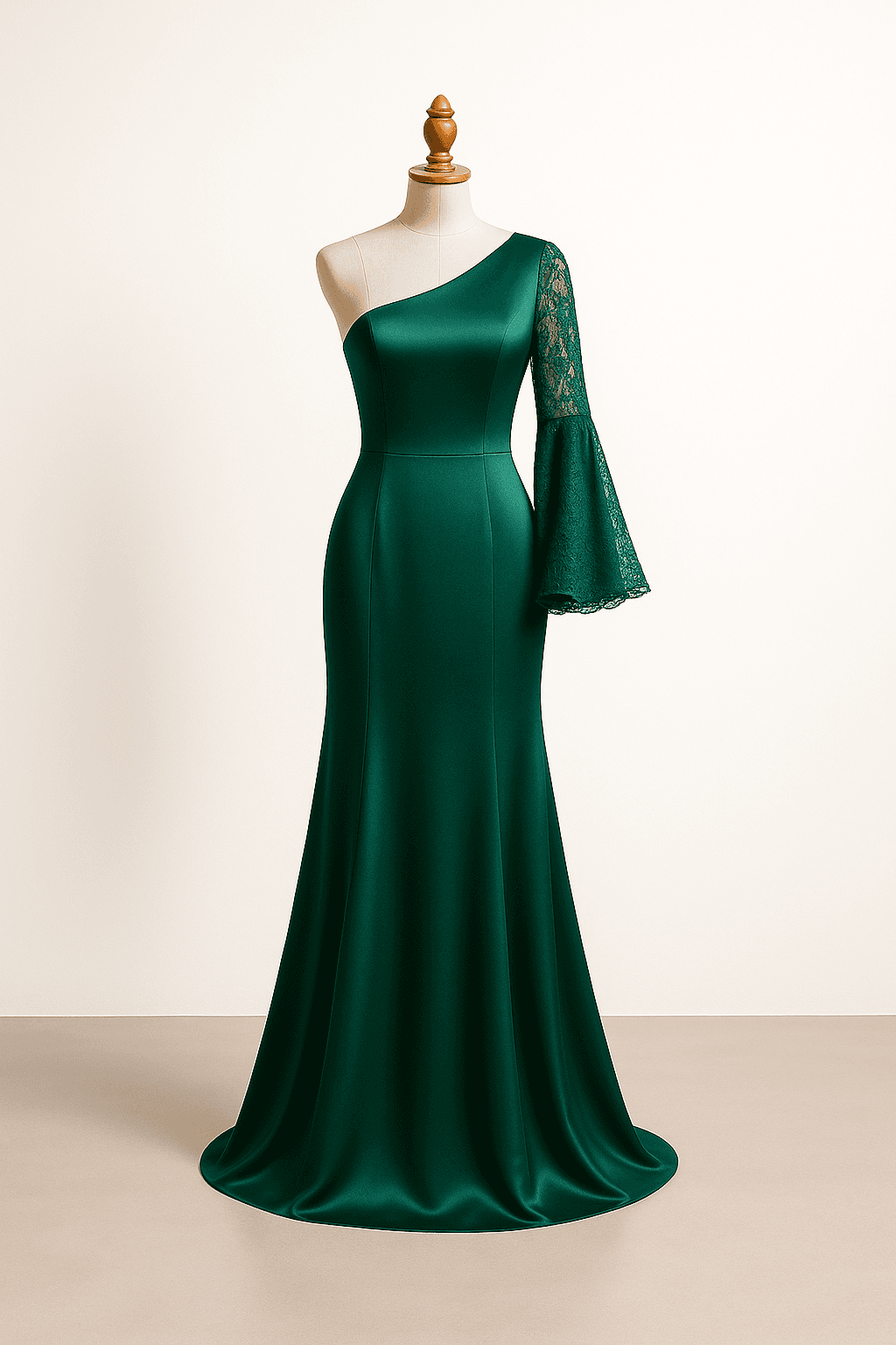 An evening gown in deep emerald green with delicate lace sleeves