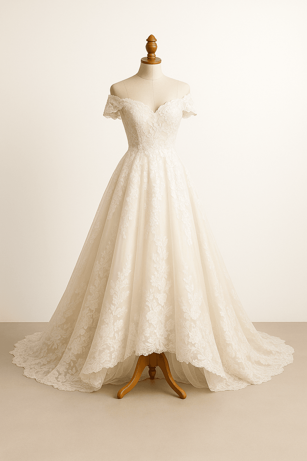 A flowing evening gown with intricate lace details and a romantic silhouette