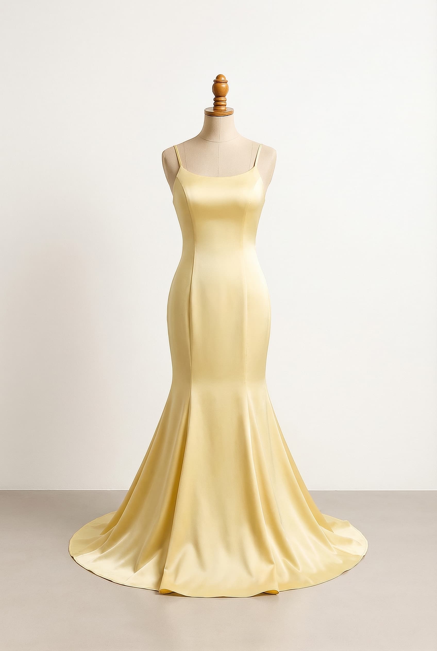 I want a balanced prom dress butter yellow color with spaghetti straps and mermaid length with more volume and a tier down, and a leg slot