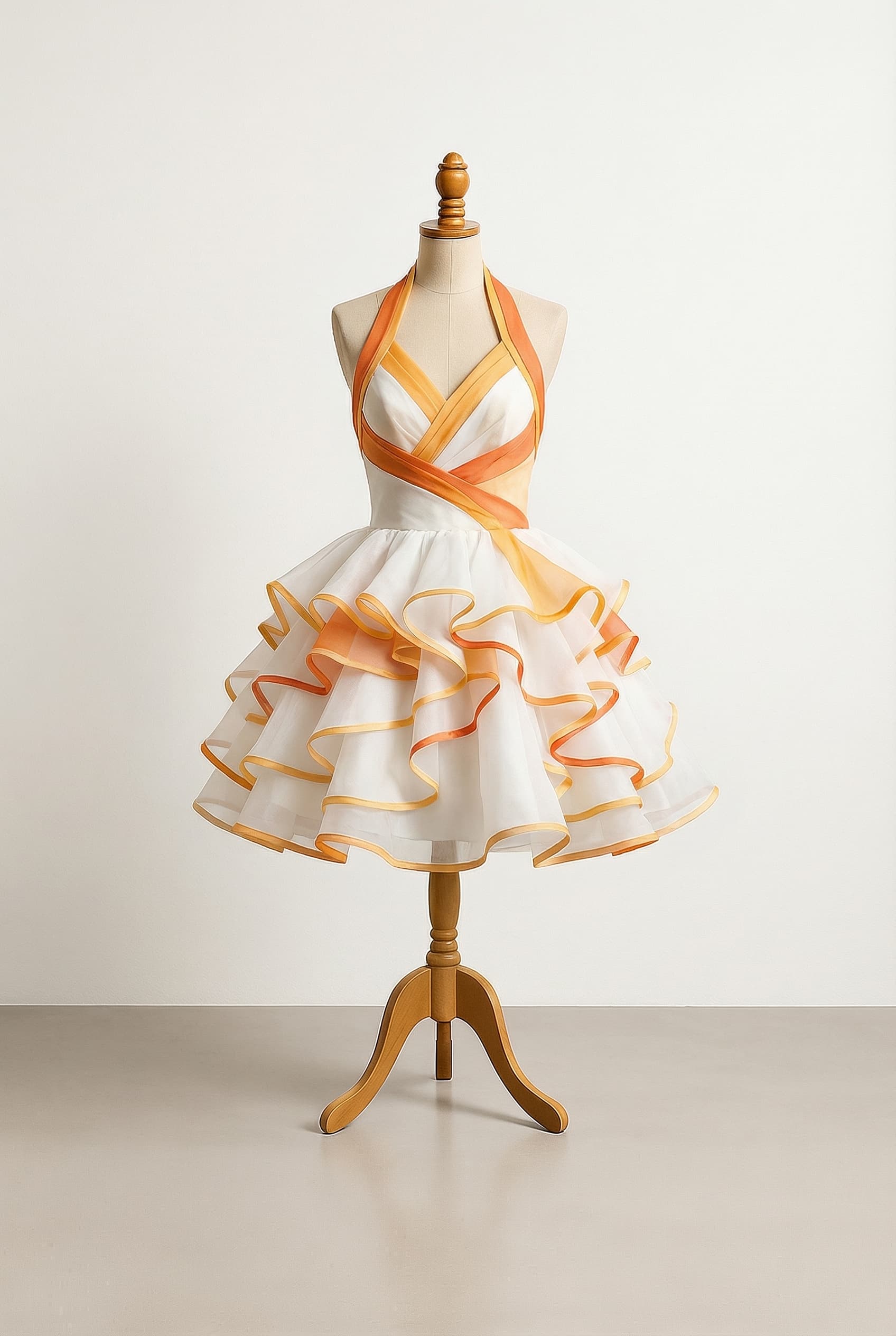 Elegant style with lower neckline or strapless options. I want a revealing custom dress with a halter top neckline white base and orange yellow accents no yellow dress orange ish with white petite coat ruffles