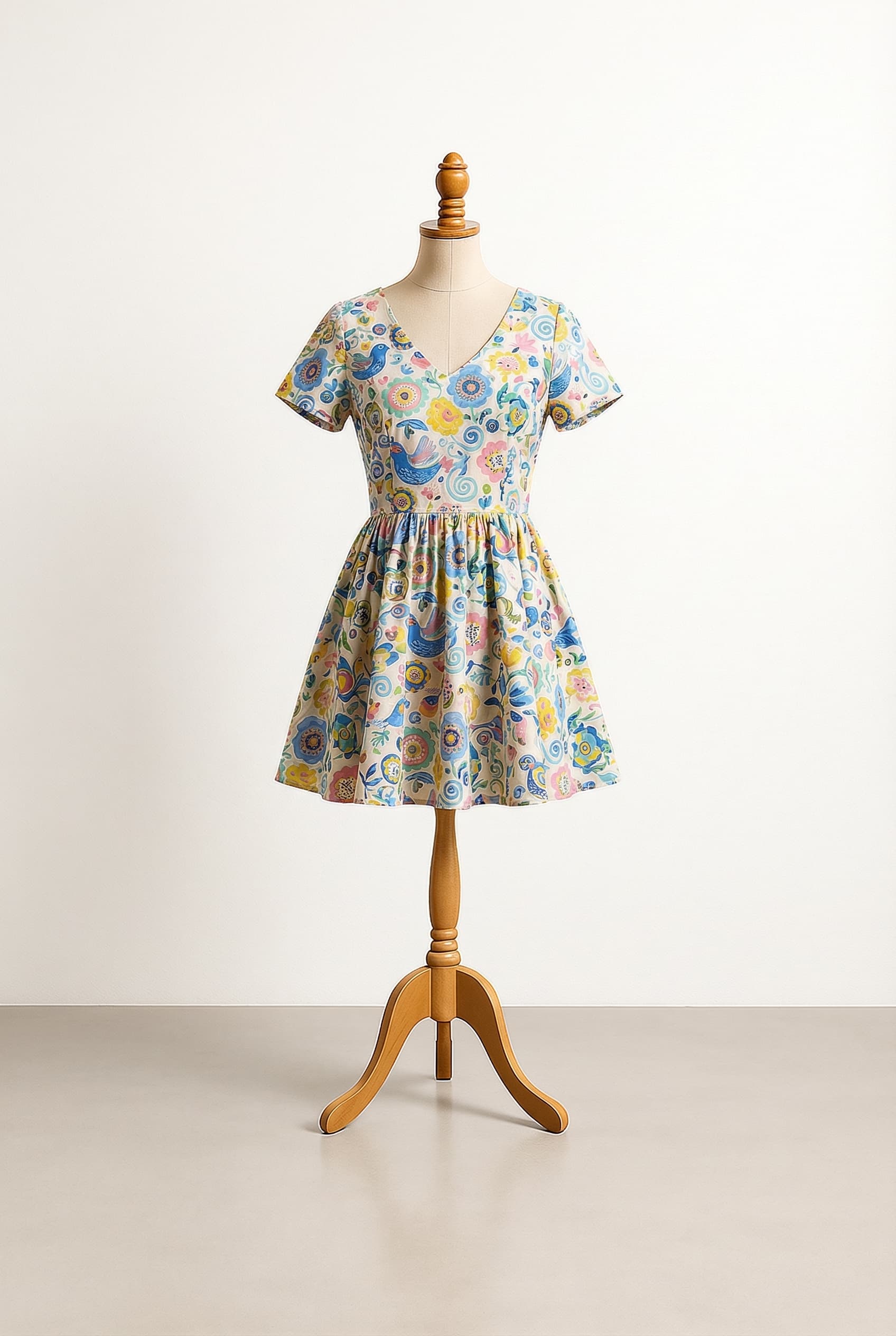 balanced custom dress whimsical and casual v neckline gathered waist twirly circle skirt mini length short sleeves fit and flare silhouette whimsical print with pastel colors and only animals