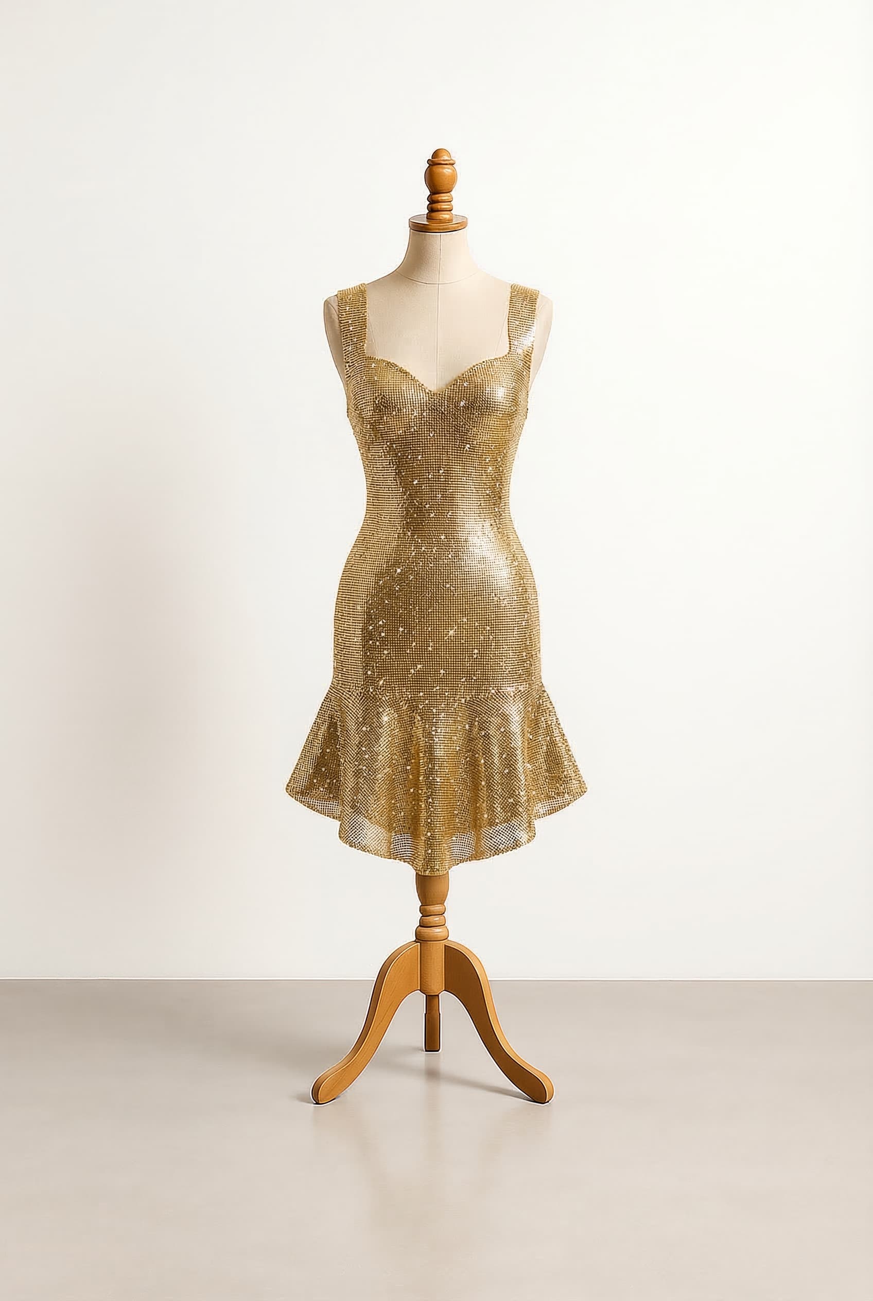 I want a balanced custom dress Short gold chainmail dress with rhinestones