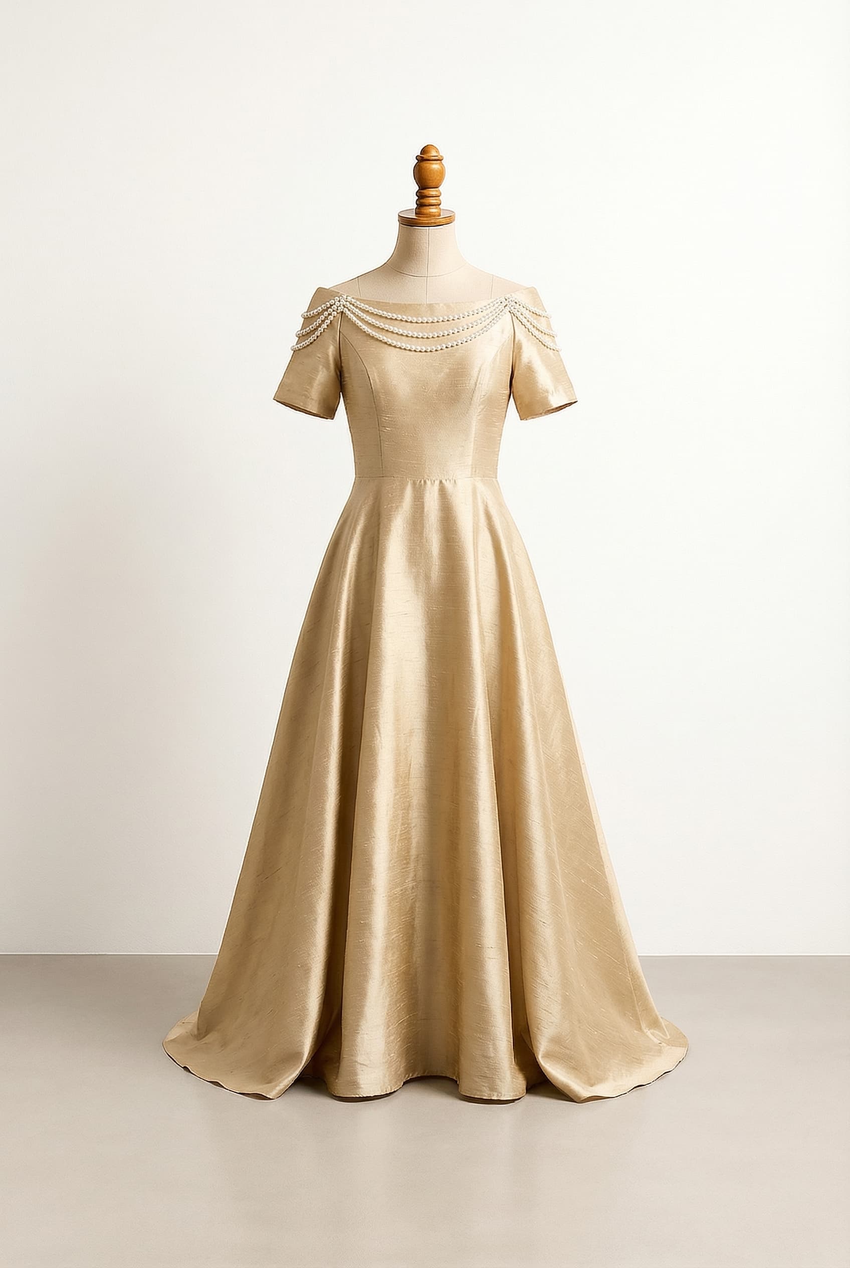 balanced prom dress with off the shoulder pearls