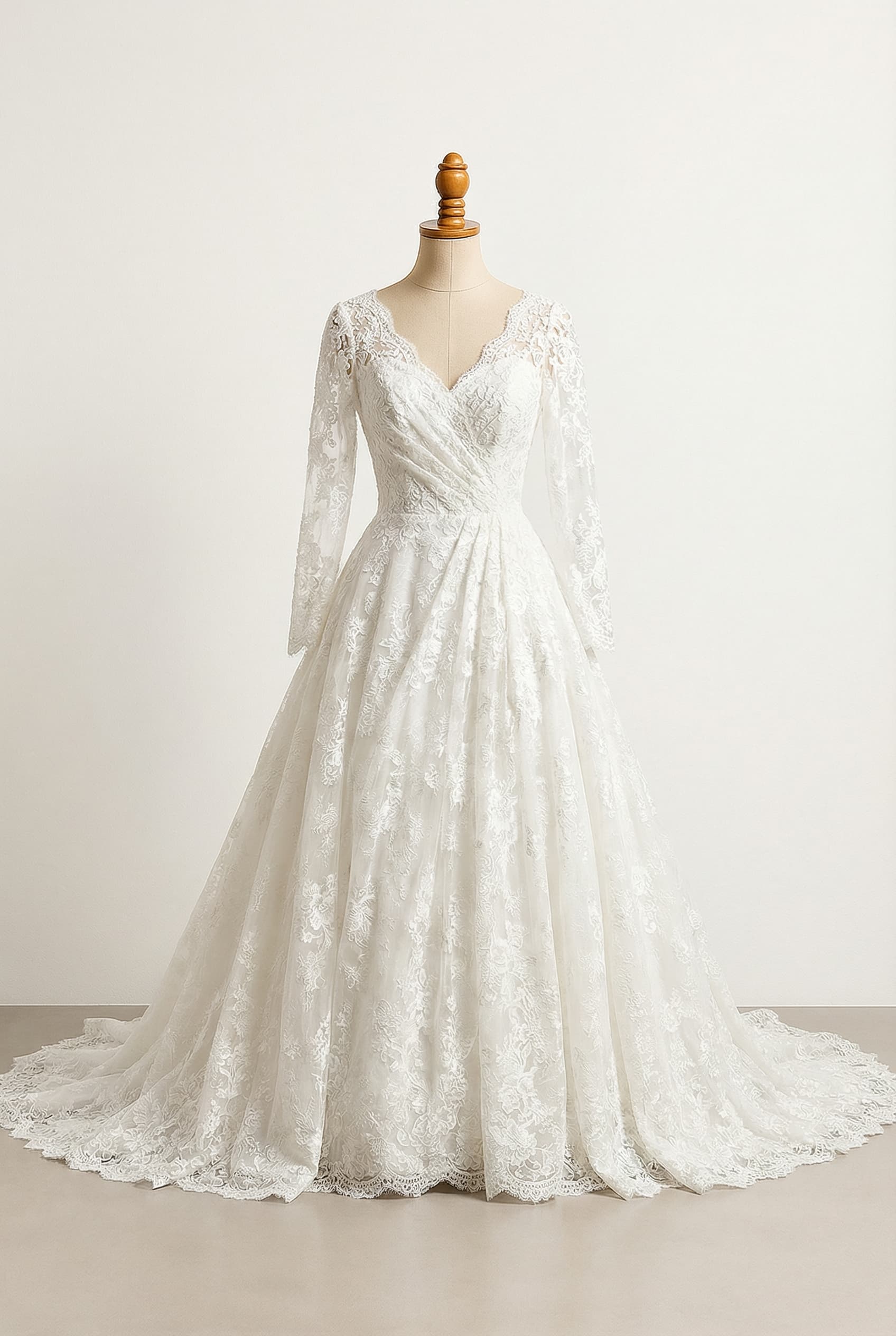 Wedding dress with a V-neck neckline, Long big sleeves, very pronounced Lace, big, big Ball Gown silhouette, draping details, and a corset lace-up back that scoops you in