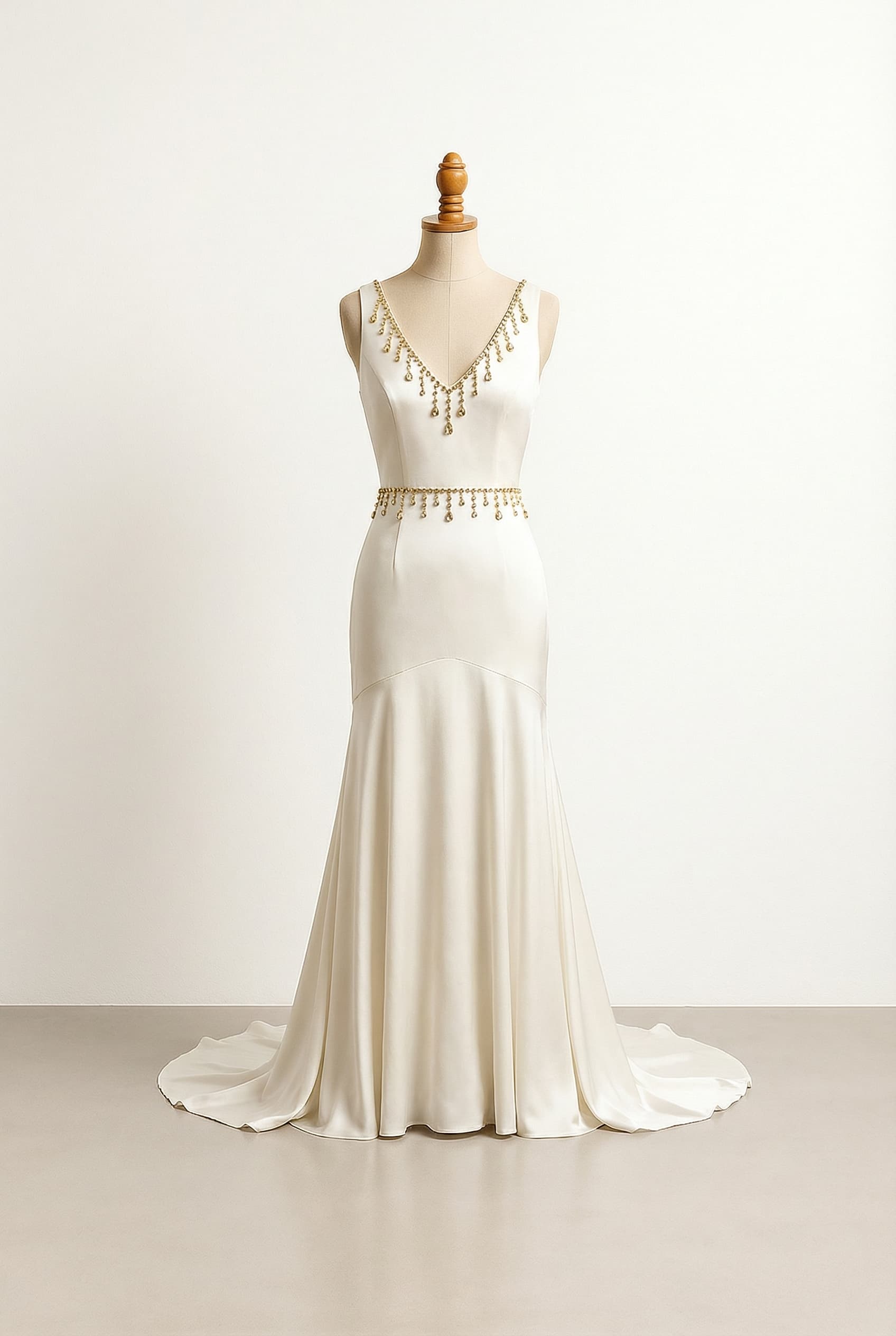 A romantic ivory wedding dress with gold jewels hanging from the v-line and waistline, mostly individual with some small clusters, a Fit & Flare silhouette, and a Chapel length train.