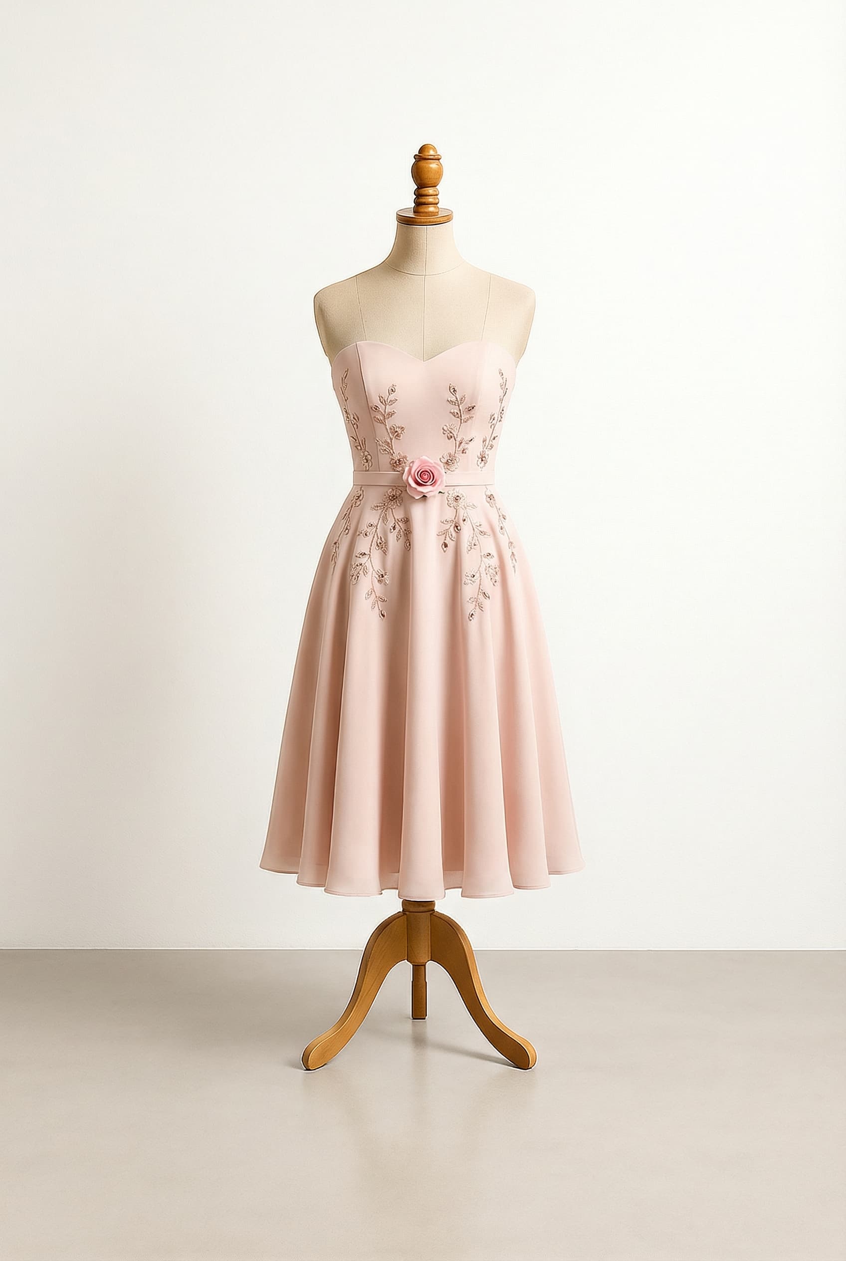 Glamorous prom dress, strapless midi with sweetheart neckline, featuring a delicate band with a pink rose and scattered vine-like floral embroidery with subtle rose gold gems on the top, pastel pink, flowing A-line silhouette.