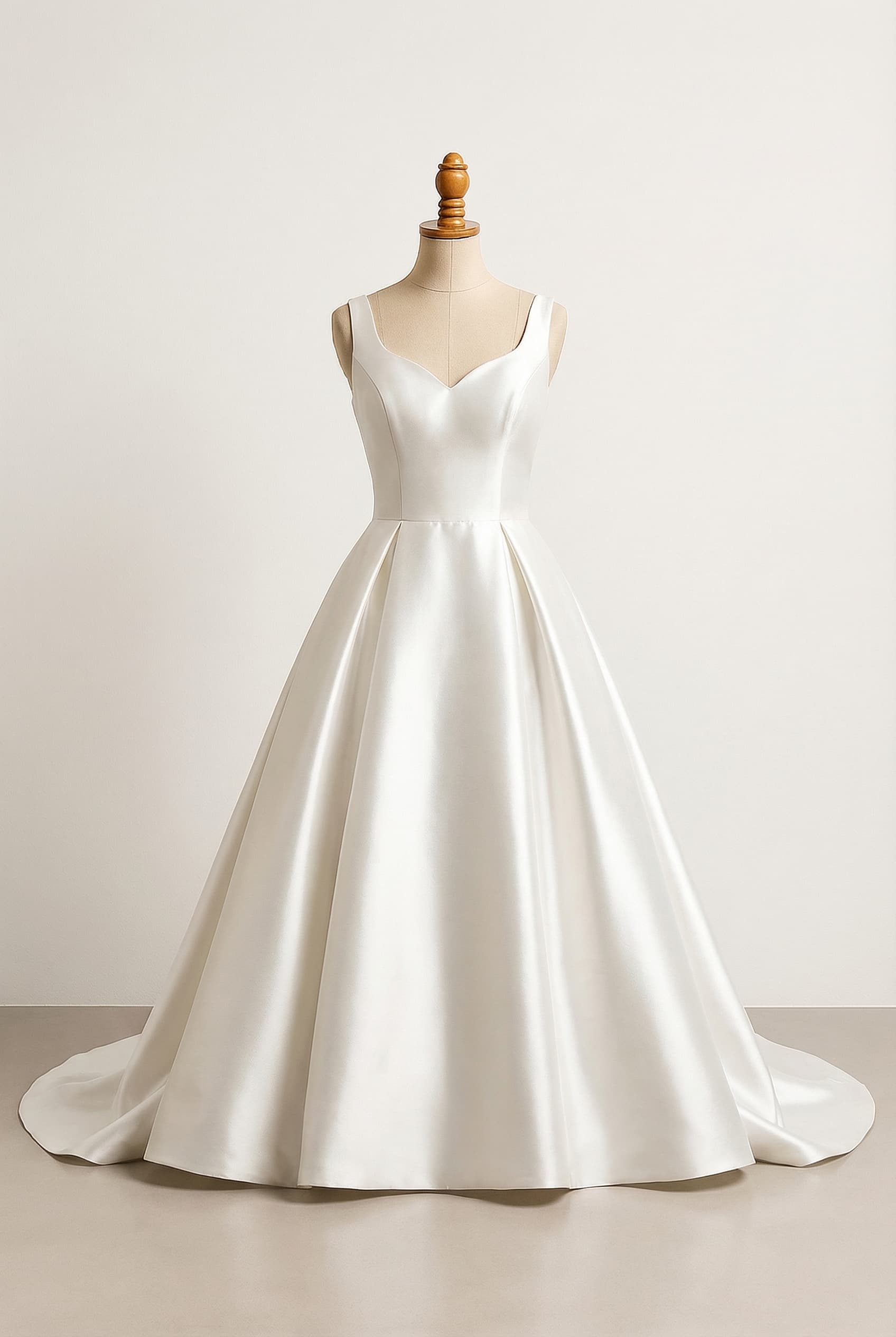 I want a balanced wedding dress with a sweetheart neckline, chapel-length train, and a ballgown silhouette with a dropped waist