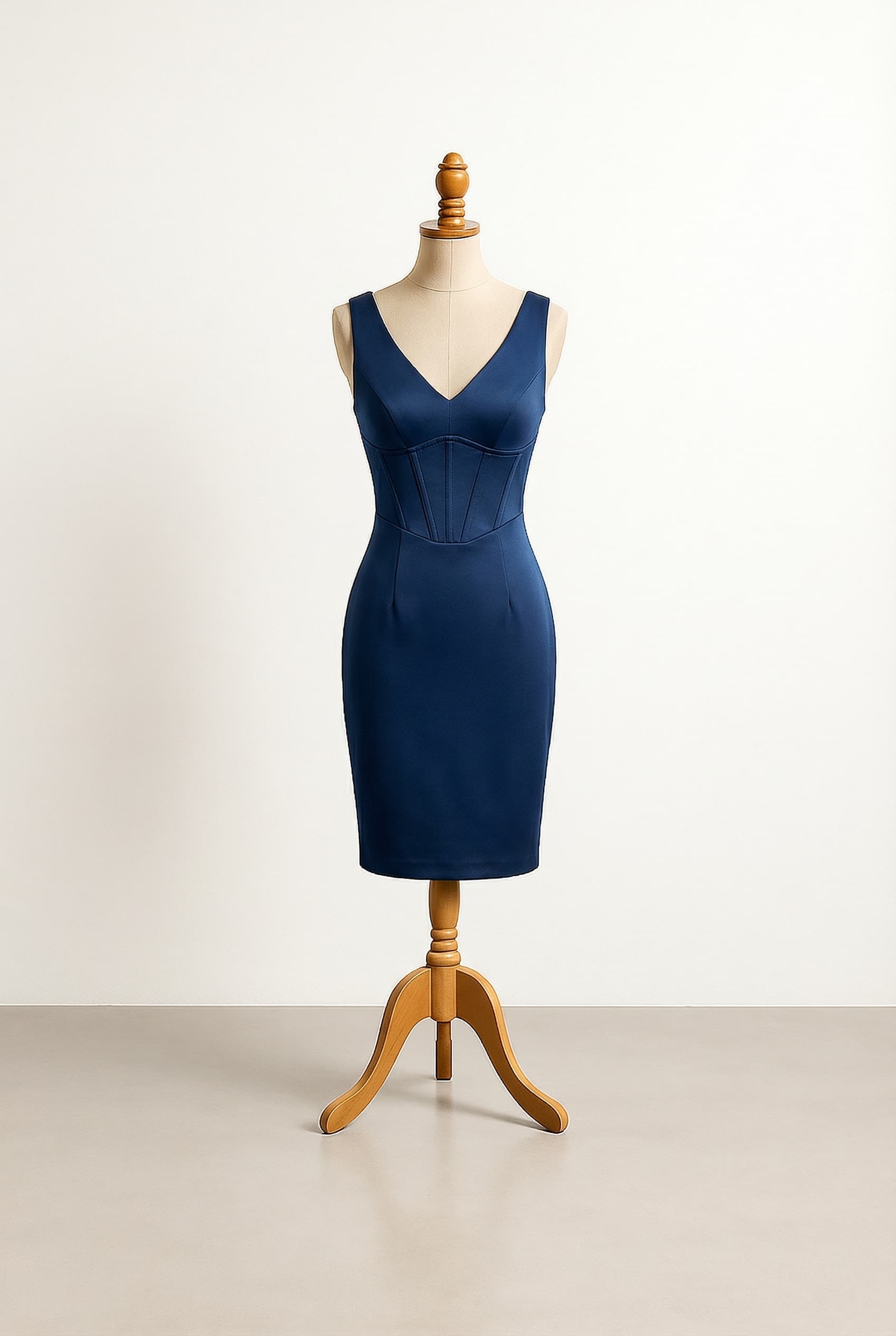 Fitted dress with v-neckline and corset like top, floor length