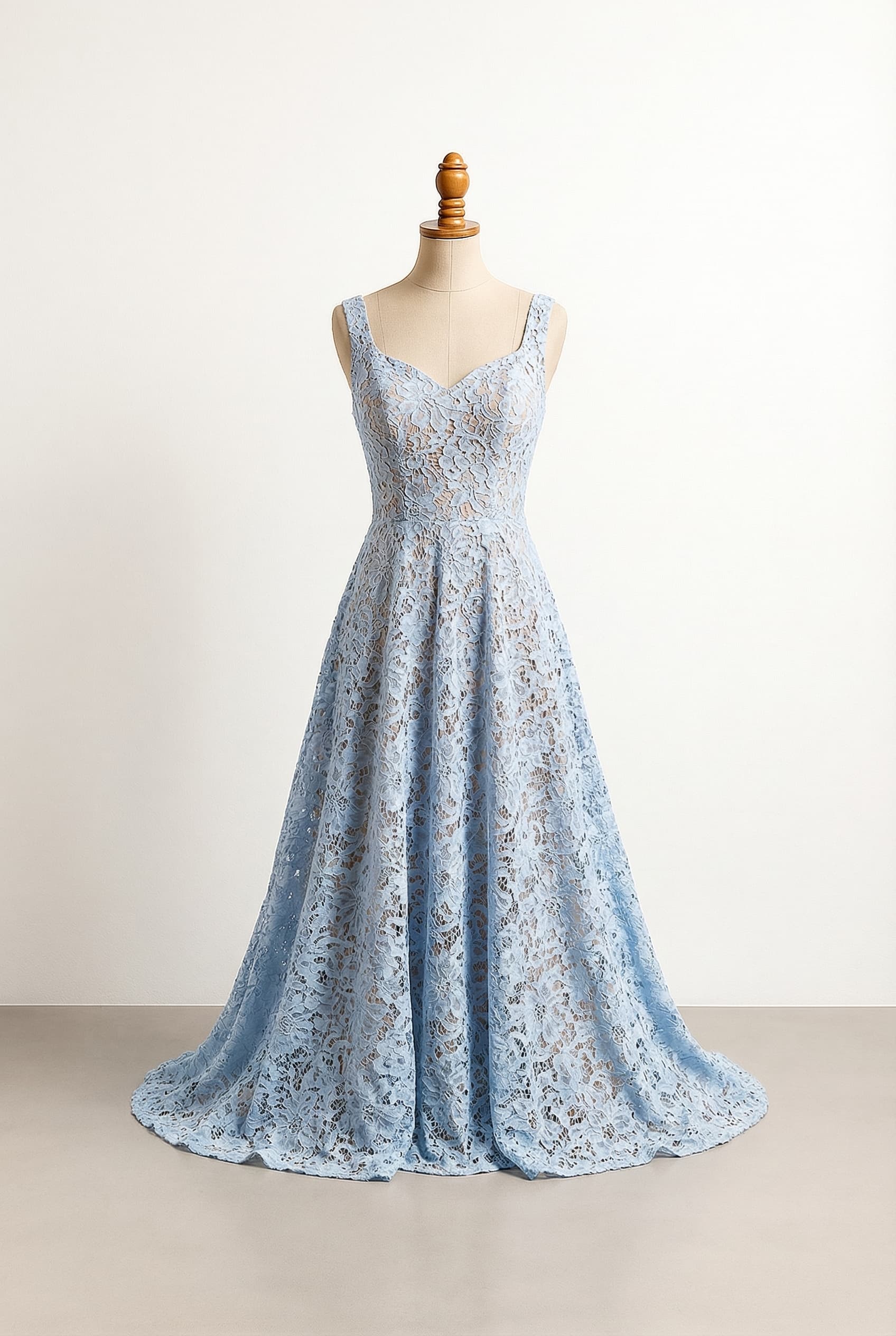 I want a balanced wedding dress in light blue and A-line silhouette with a sweetheart neckline