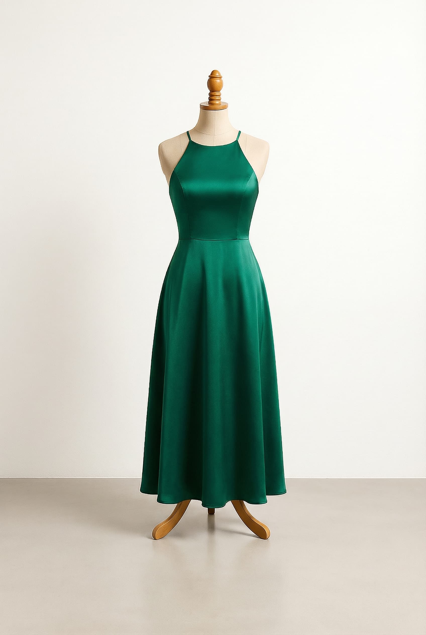 I want a balanced prom dress timeless sophistication sleeveless ankle length tight at the top and free bottom a good rich colour with spaghetti straps