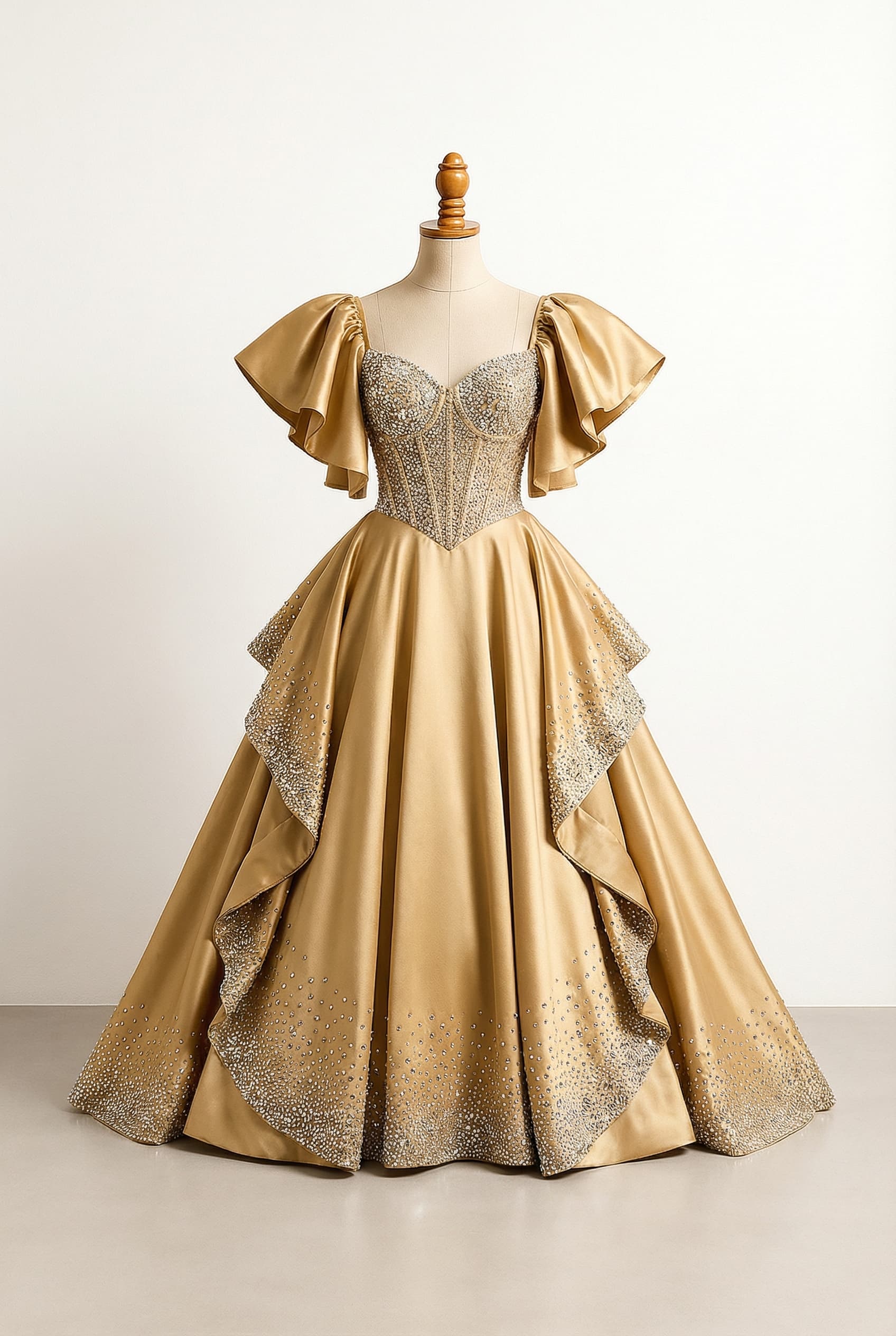 Glamorous prom dress with butterfly sleeves, a sparkly, rhinestone-embellished corset bodice, a v-waistline, big side ruffles, and rhinestones and sparkles on the ends of the ruffles and skirt, disappearing as they go up.