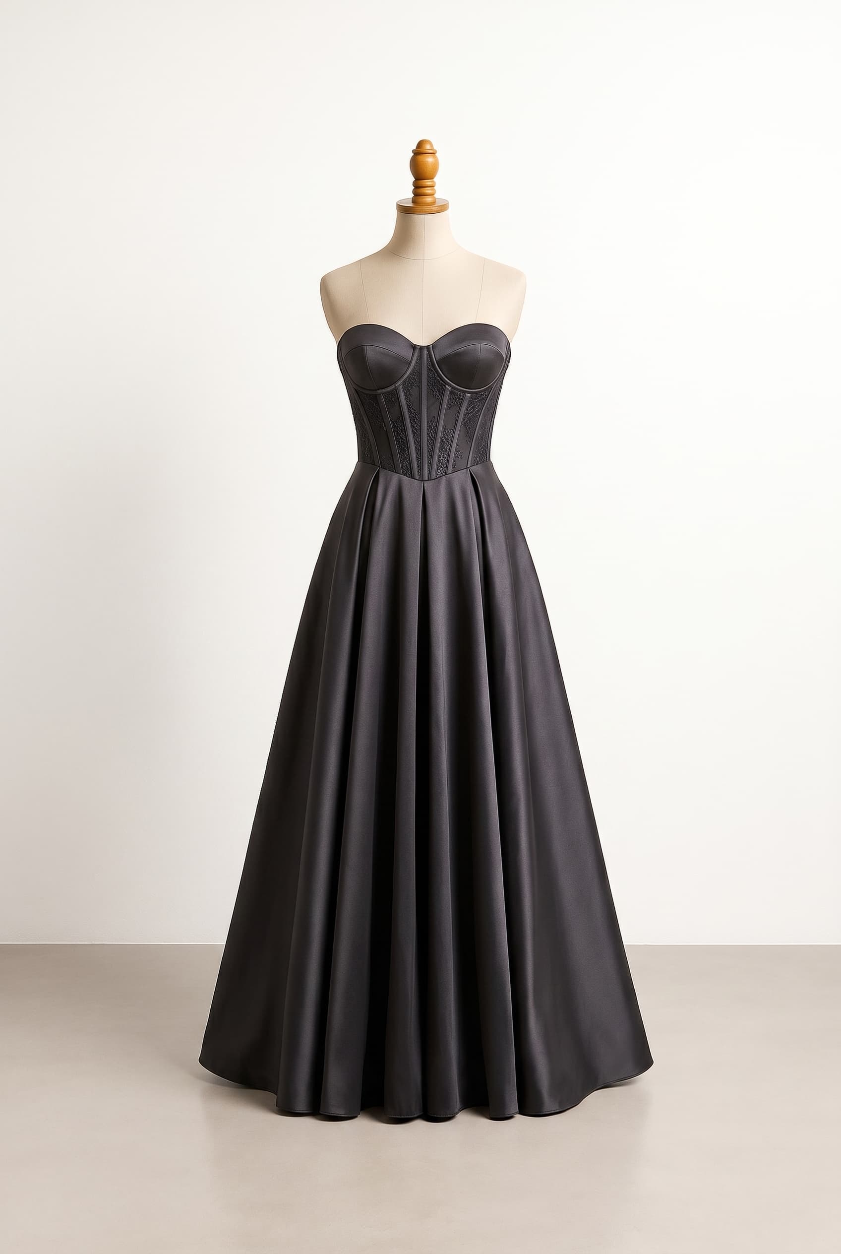 I want a revealing prom dress with a corset bodice, in dark colors, with a floor-length skirt