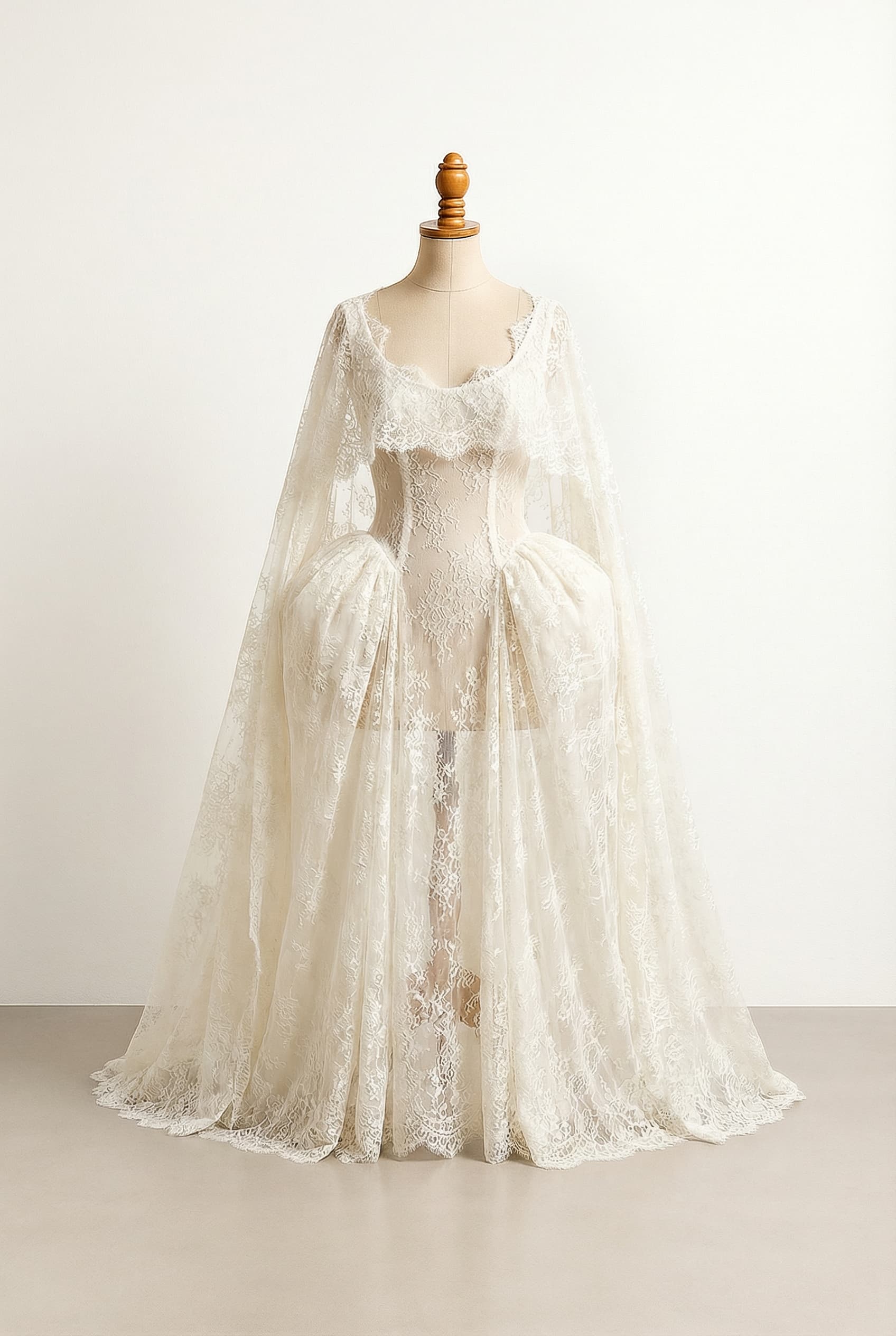 modern wedding dress with a deeper scoop neckline with distinct points near the armpits and a prominent central dip, dramatic Basque waistline where the front has no defined waistline and carries all the way to the floor, while the sides have a higher waistline near the hips, poofs on the sides of the skirt, ballgown silhouette, Classic Ivory modern lace.