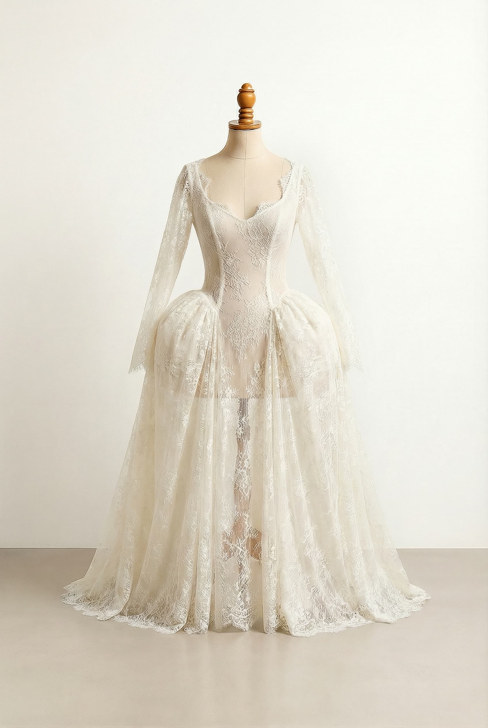 wedding dress with a deeper scoop neckline with distinct points near the armpits and a prominent central dip, dramatic Basque waistline where the front has no defined waistline and carries all the way to the floor, while the sides have a higher waistline near the hips, poofs on the sides of the skirt, ballgown silhouette, Classic Ivory Chantilly lace that's slightly see-through, and a cape that drapes across the top of the chest and has full and flowing, floor-length sleeves.; change the lace to look like the photo I sent you, remove the cape, and make it look more modern