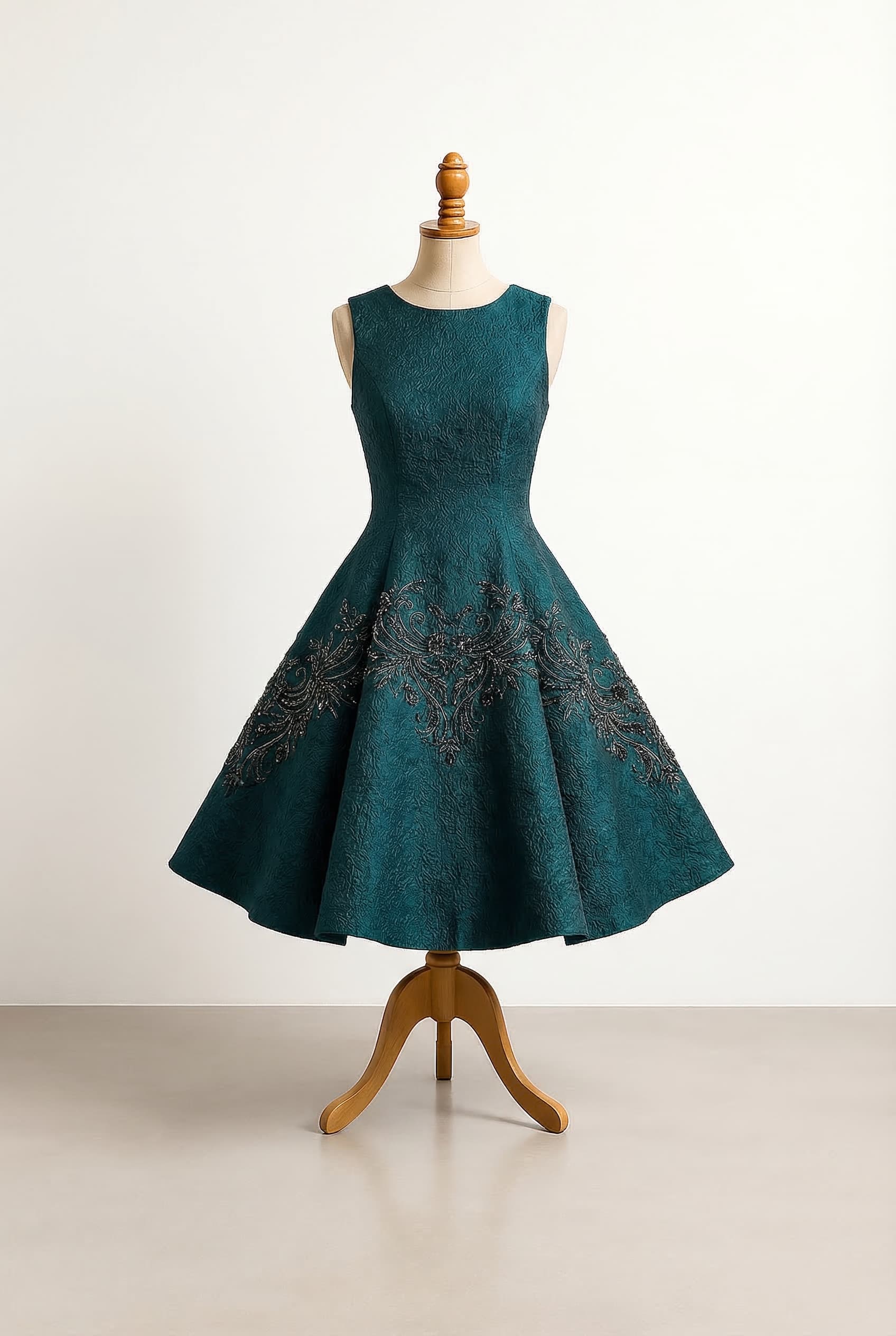 A-line dress with a sweeping embellishment at the lower waist covering from hip to hip