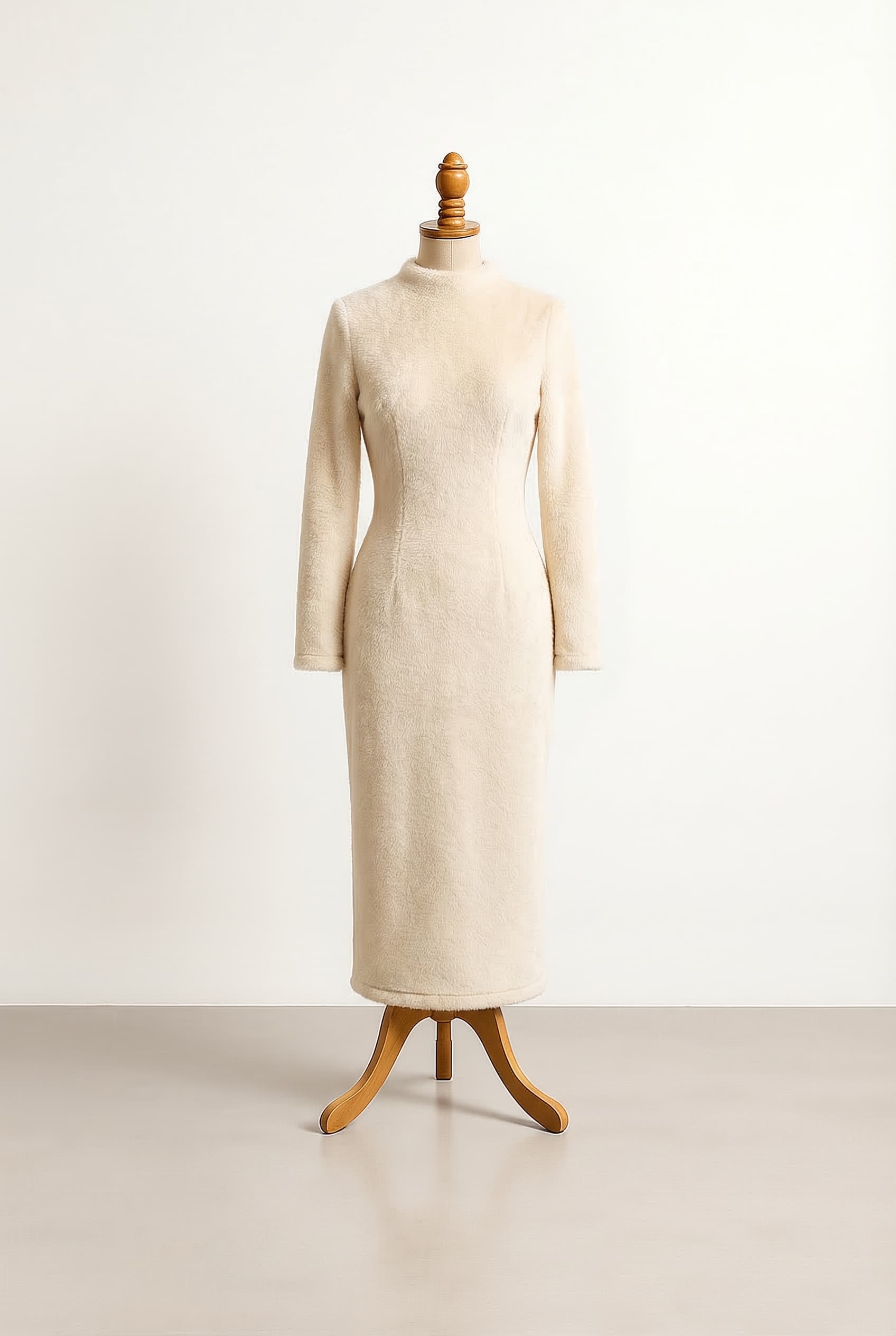 I want a balanced custom dress with finger long sleeves, ankle length, fitted tightly to the body figure in a fur-like fabric