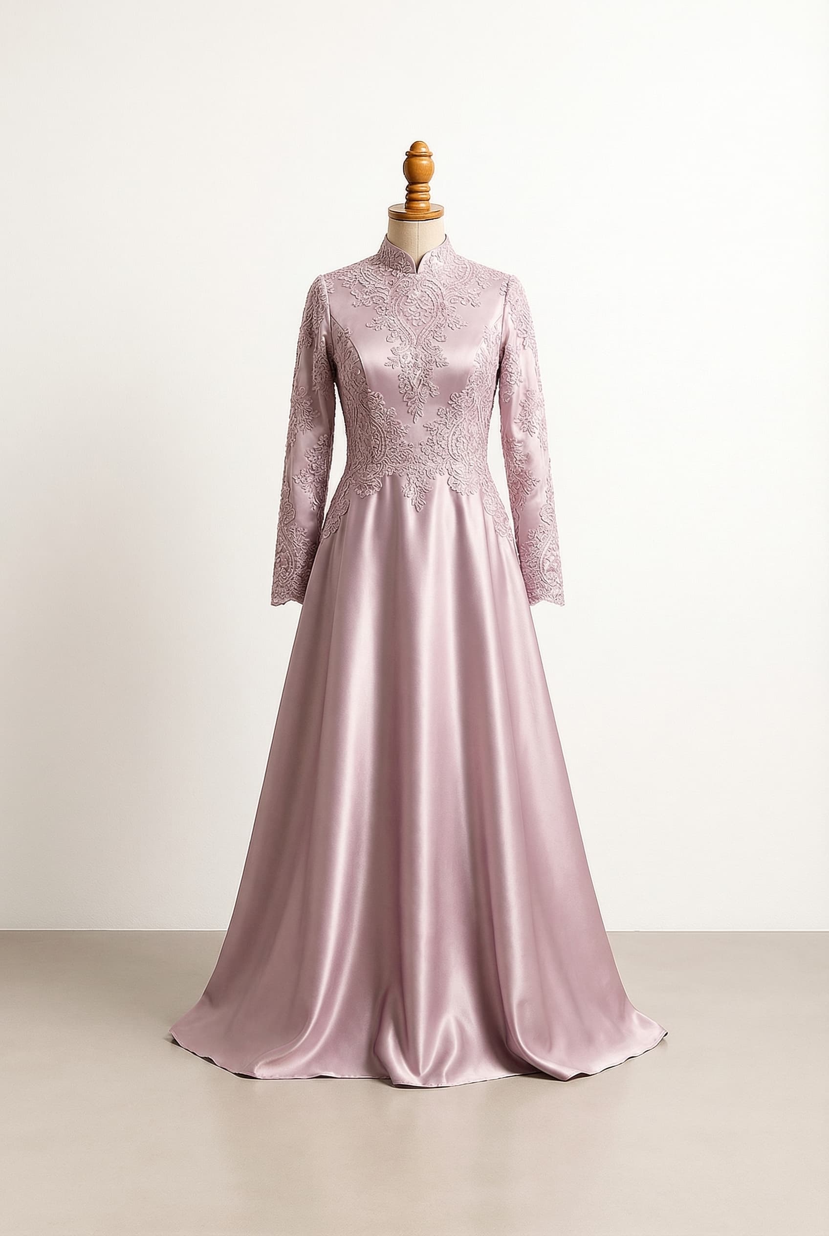 Modest style with full coverage, higher necklines, and sleeves. I want a modest wedding dress with a high neckline lace embroidery full length fitted sleeves and a mandarin collar in Lilac Blush in Satin and Lace