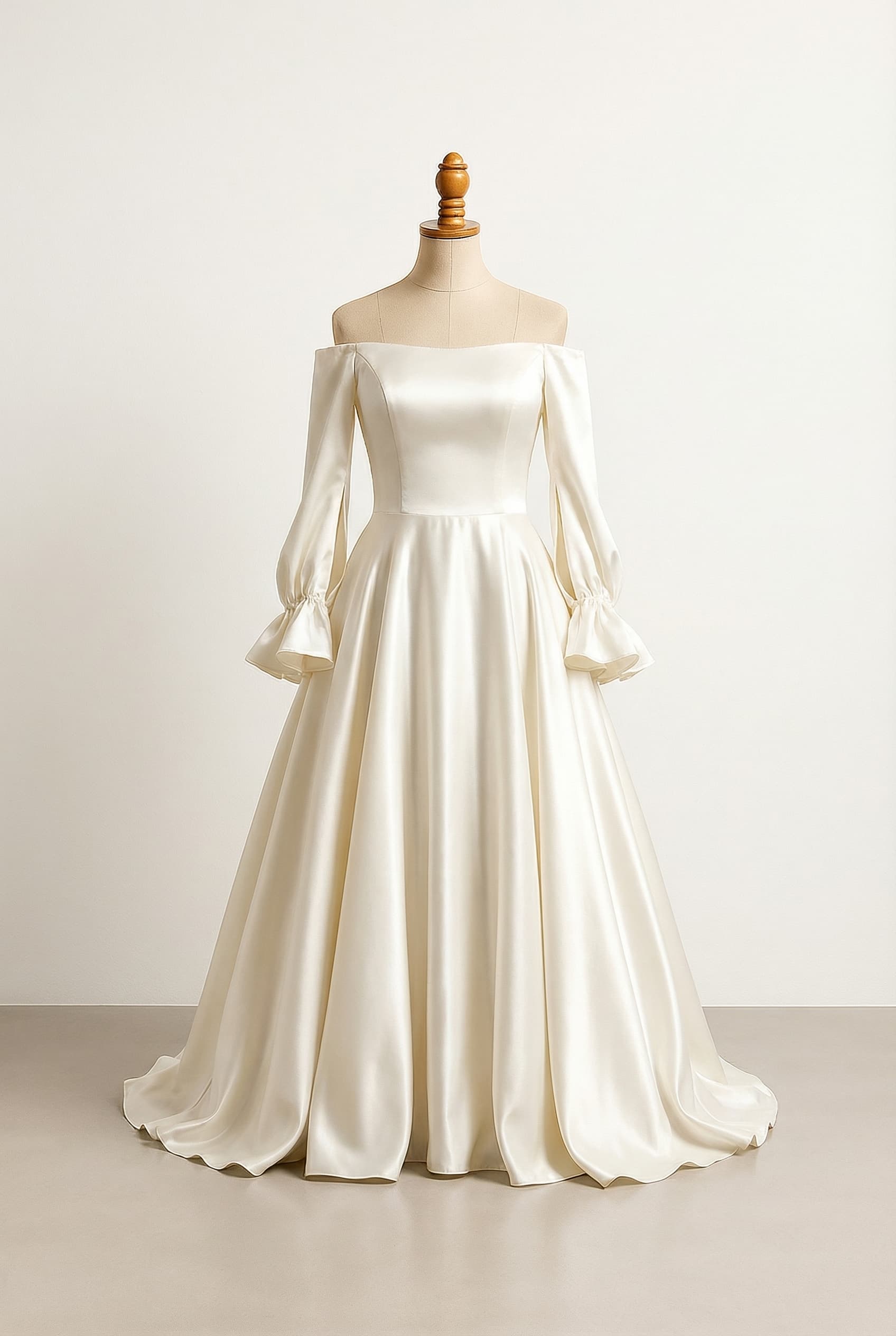 Off-shoulder wrap neckline parting to the side, skirt with horizontal ruffles and layers, long sleeves splitting from elbow to the floor, not white