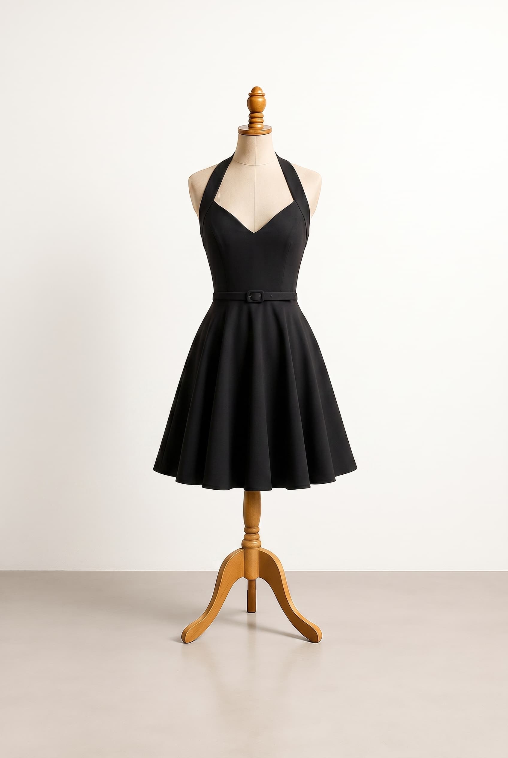 I want a balanced dress for everyday wear that is versatile and can be used for formal with a few adjustments. It is a black dress. Measurements are 38-29-38, 32G breasts. Modern interpretation of Marilyn Monroe style, with a defined waist and supportive bodice for 32G breasts. Short flare skirt hitting right above the knees.