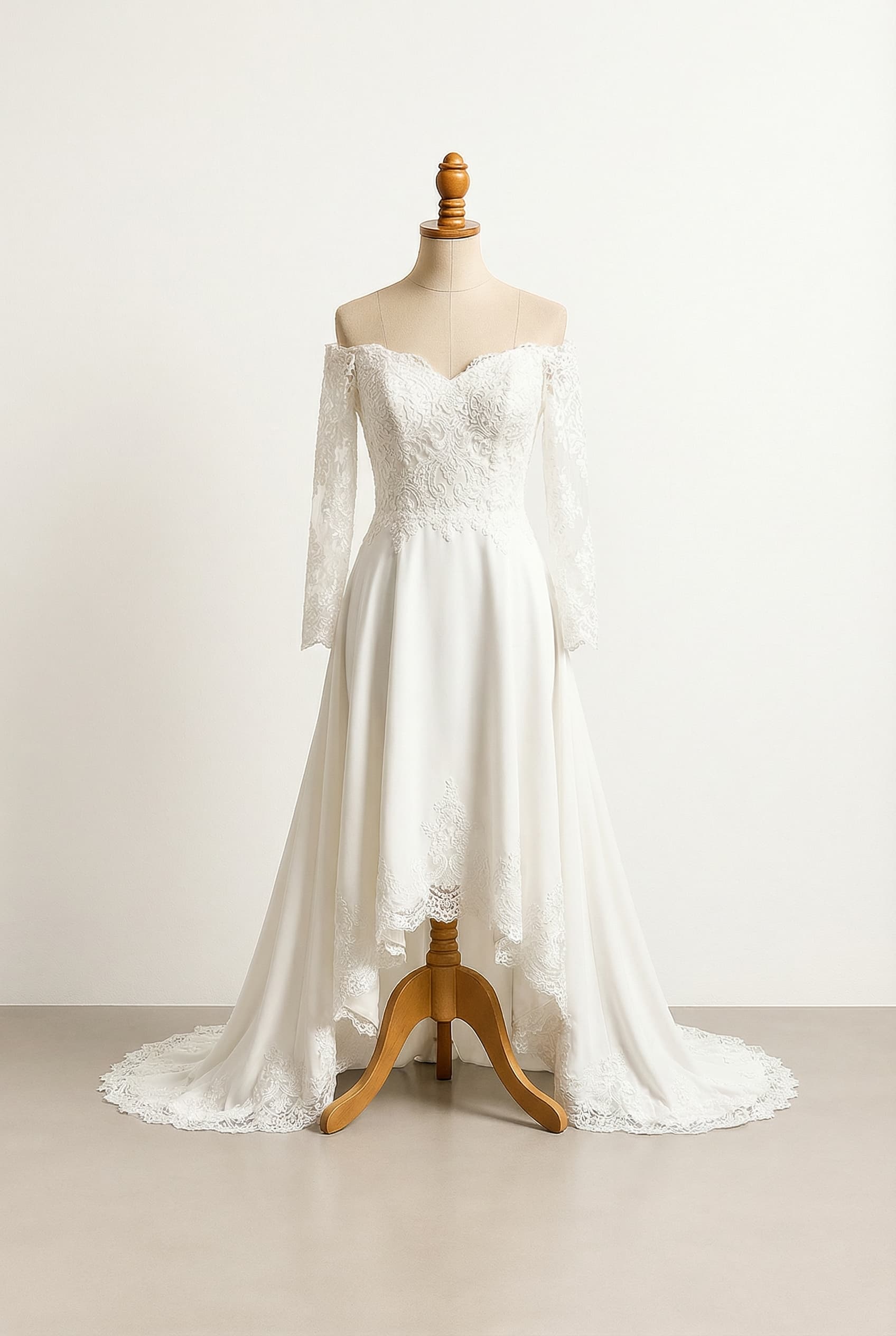 Lace detailing on the bodice, sleeves, and skirt.