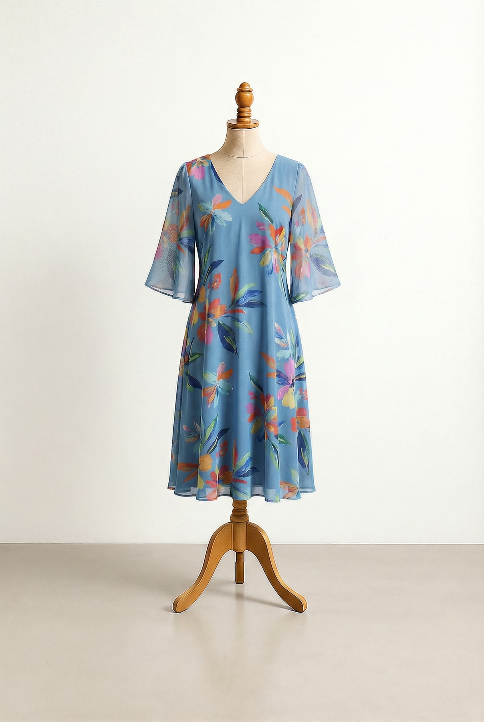 flowy, light and airy, Caribbean floral abstract print; Please make the sleeves longer up to the elbow an tapering from narrow to wide. also please make the bakcground cloro software and the flowers more blurry and abstract