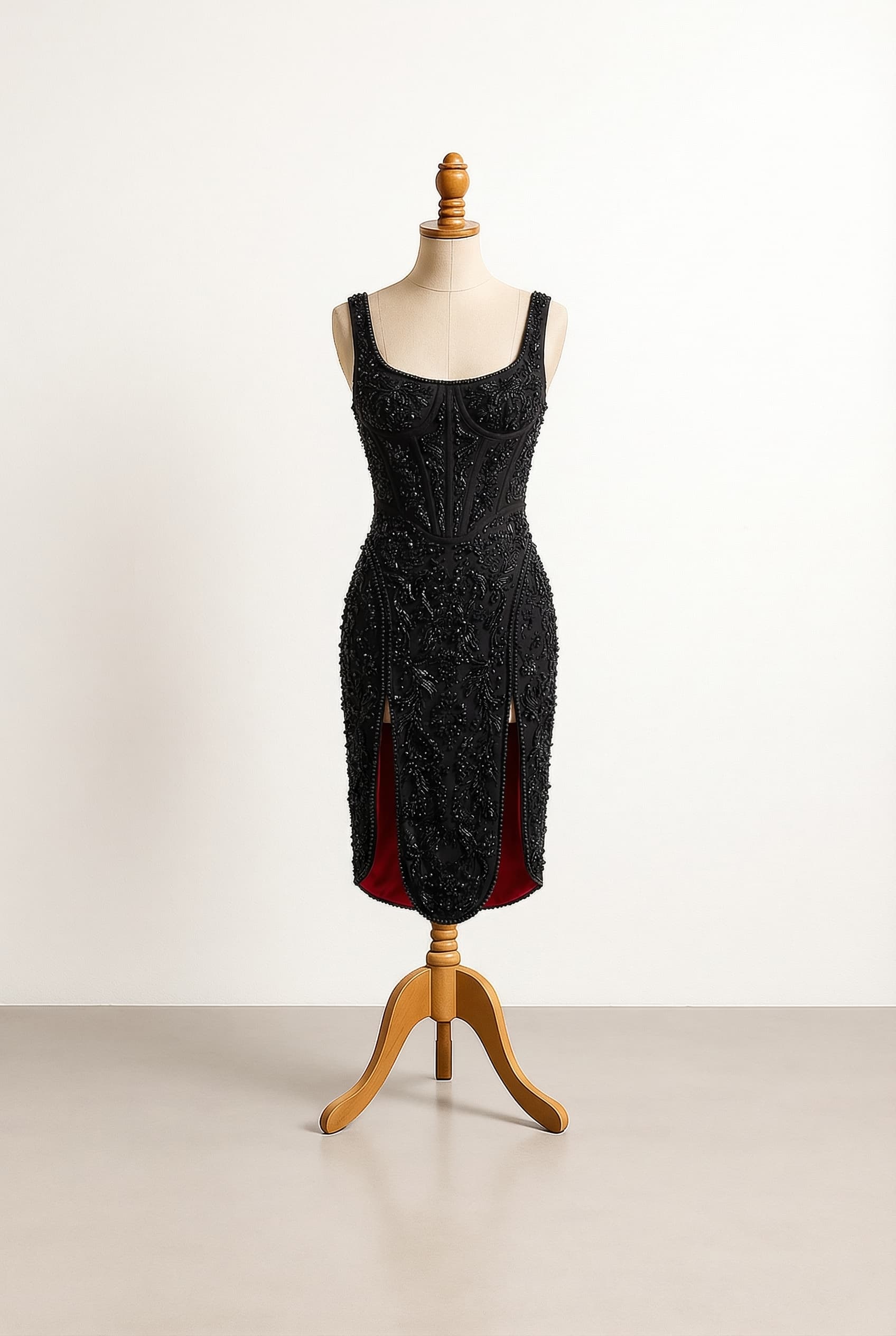 Sleeveless dress with double slit and corset in black and red, floor length