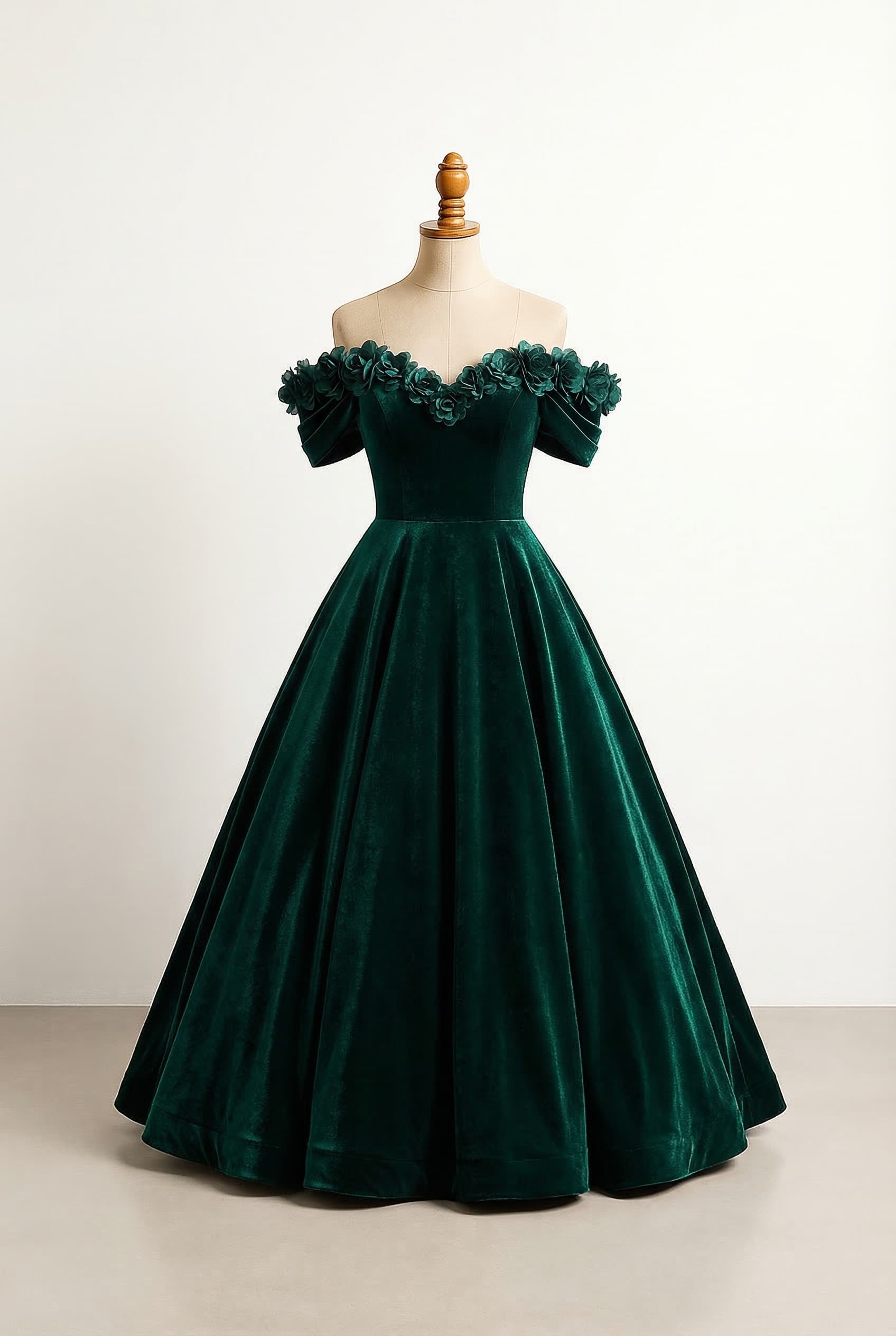 I want a balanced prom dress with smaller off the shoulder sleeves and embroidered flowers added to the neckline and a sweetheart neckline