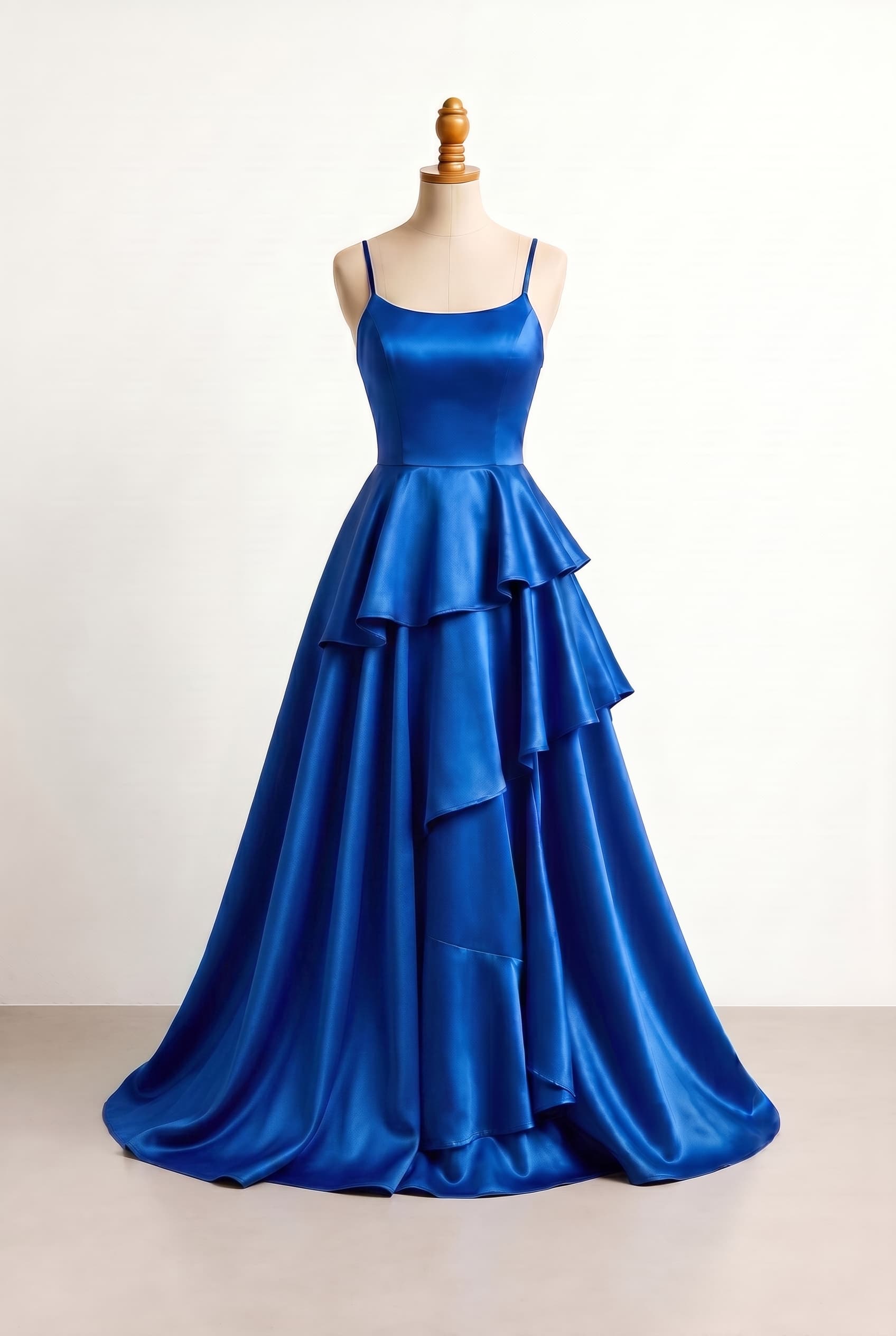Extravagant A-Line prom dress with spaghetti straps, floor-length, in royal blue satin, designed to look semi-painted on, featuring an asymmetrical tiered design with a short layer on the right, a long floor-length middle layer on the left, and a bottom layer on the right; comfort boundary: no tight or clingy fit.
