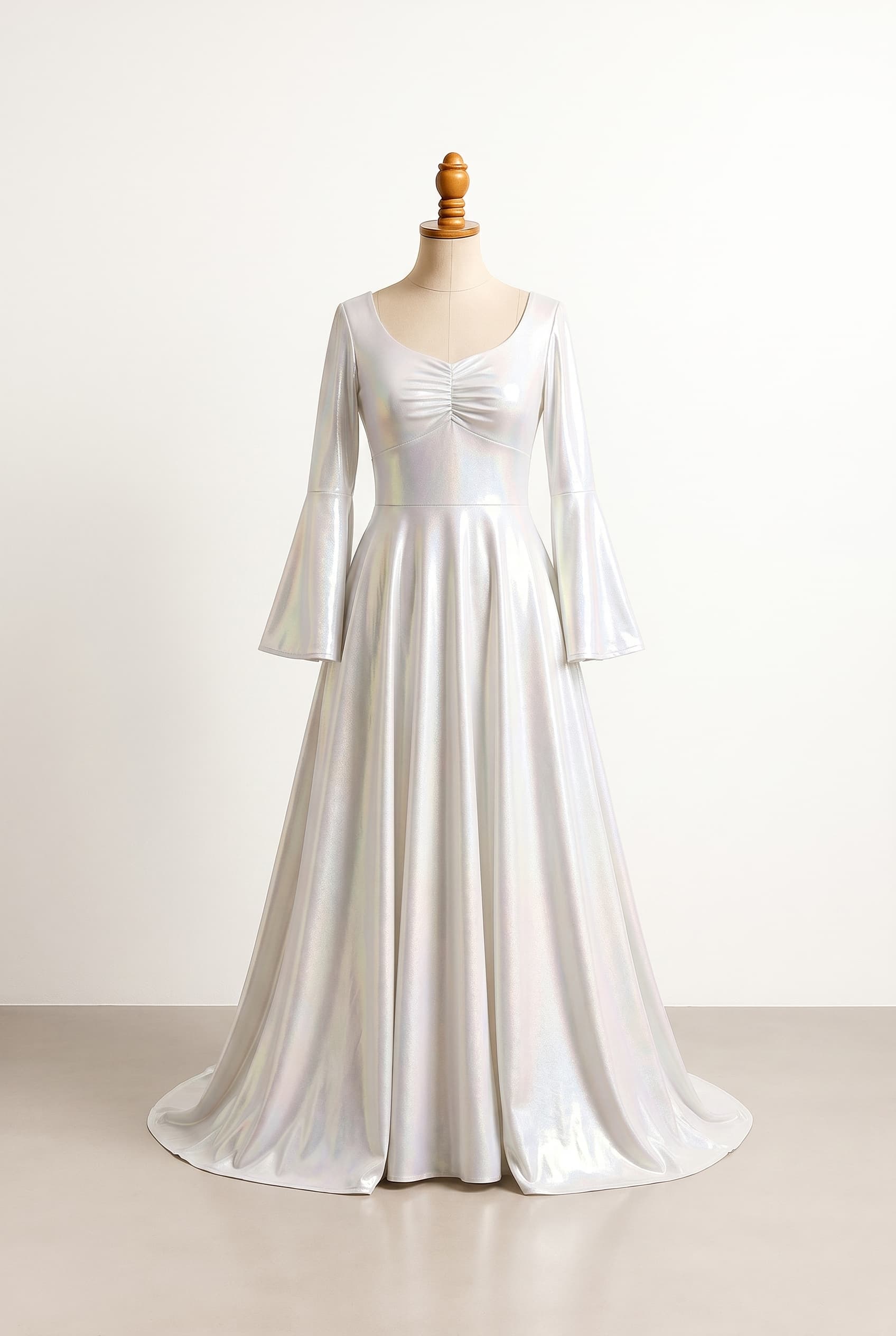I want a modest wedding dress, iridescent white ball gown skirt, empire waist, flowy skirt, reflective iridescent finish, with a scoop neckline, using metallic stretch fabric that shimmers with color under light, outer space theme, no lace, with long bell sleeves matching the dress fabric. The bodice is gathered to highlight the bust and transitions directly into a much poofier, high-waisted empire skirt that starts immediately under the bust with no separation, floor length, so the feet are not visible.