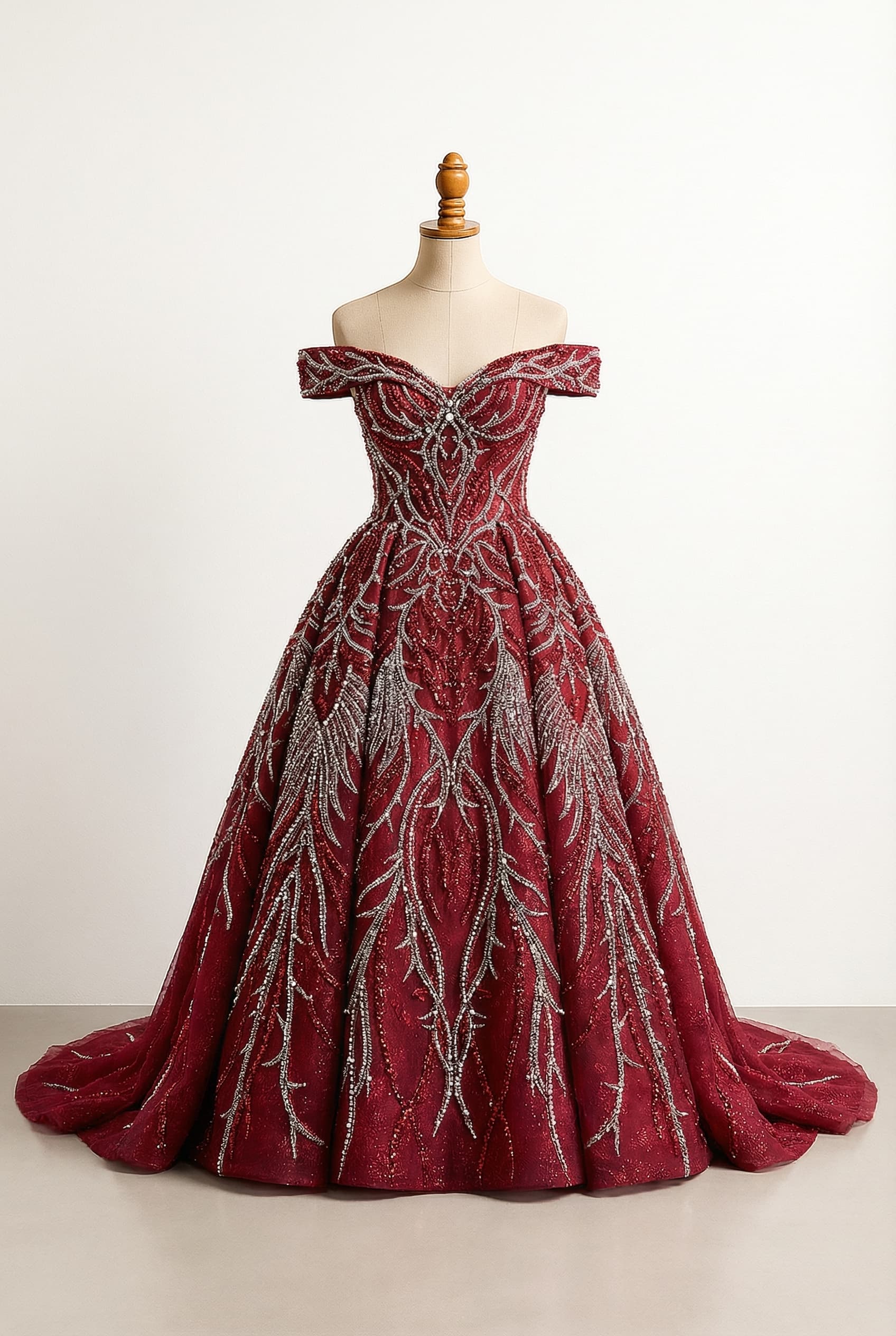 I want a balanced prom dress in red and silver, with a very long skirt that drags behind, and beaded with a pretty but kind of evil style.