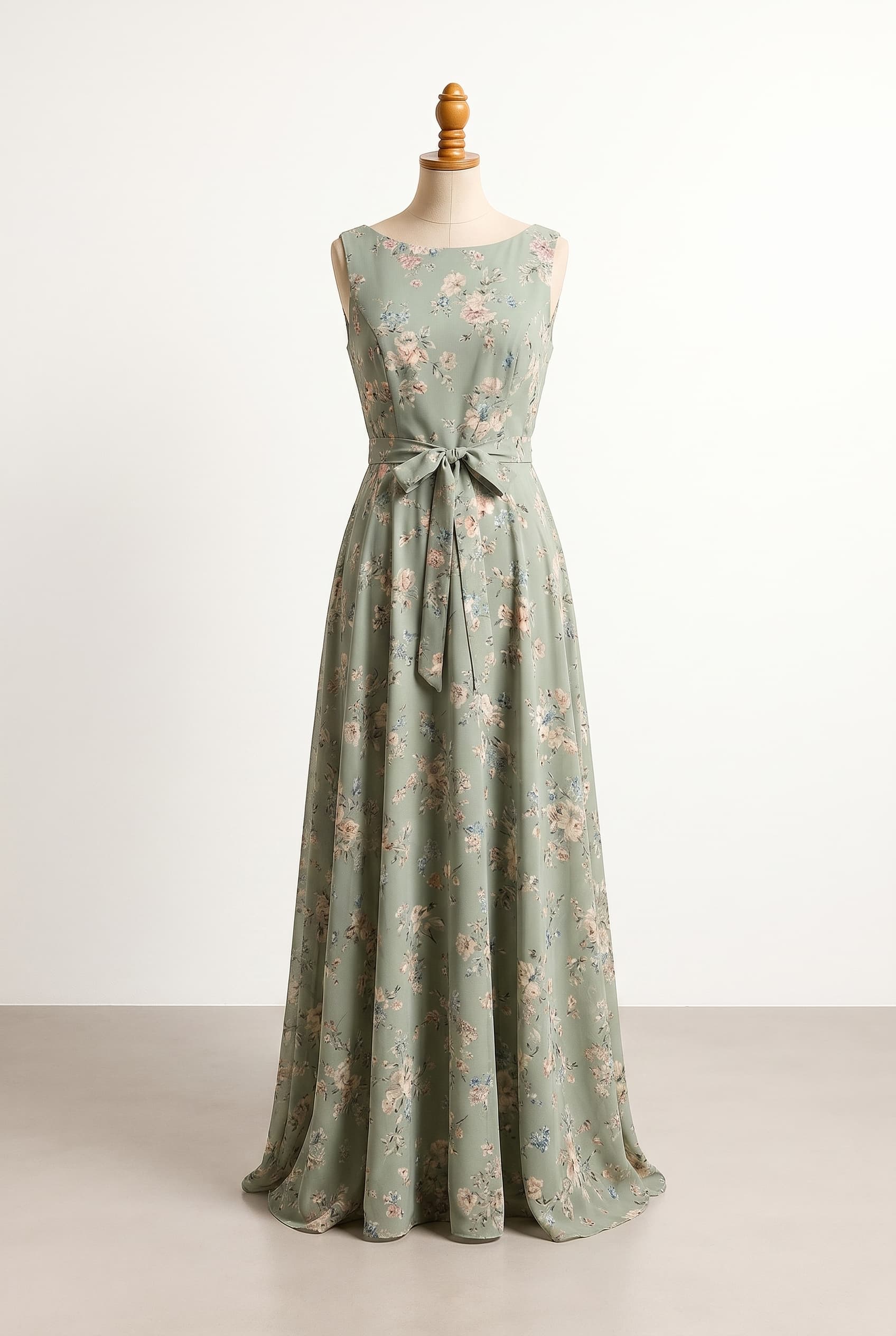 I want a modest bridesmaid dress with an A-line silhouette, a boat neckline, and a sleeveless design in Chiffon, Sage Green with a different floral pattern, at knee length