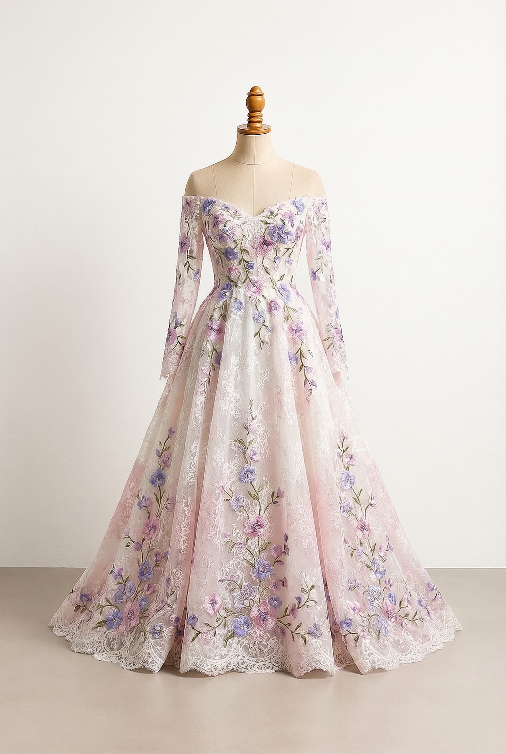 A-line or ball gown floor length gown with floral designs in white, off white or pastel pink trailing from the waist to the floor Off-the-shoulder neckline with sleeves that start in the middle of the upper arm and flow to the wrists or hands The sleeves also have floral designs that match the dress, with purple and pink and periwinkle floral embellishments and green vines/leaves