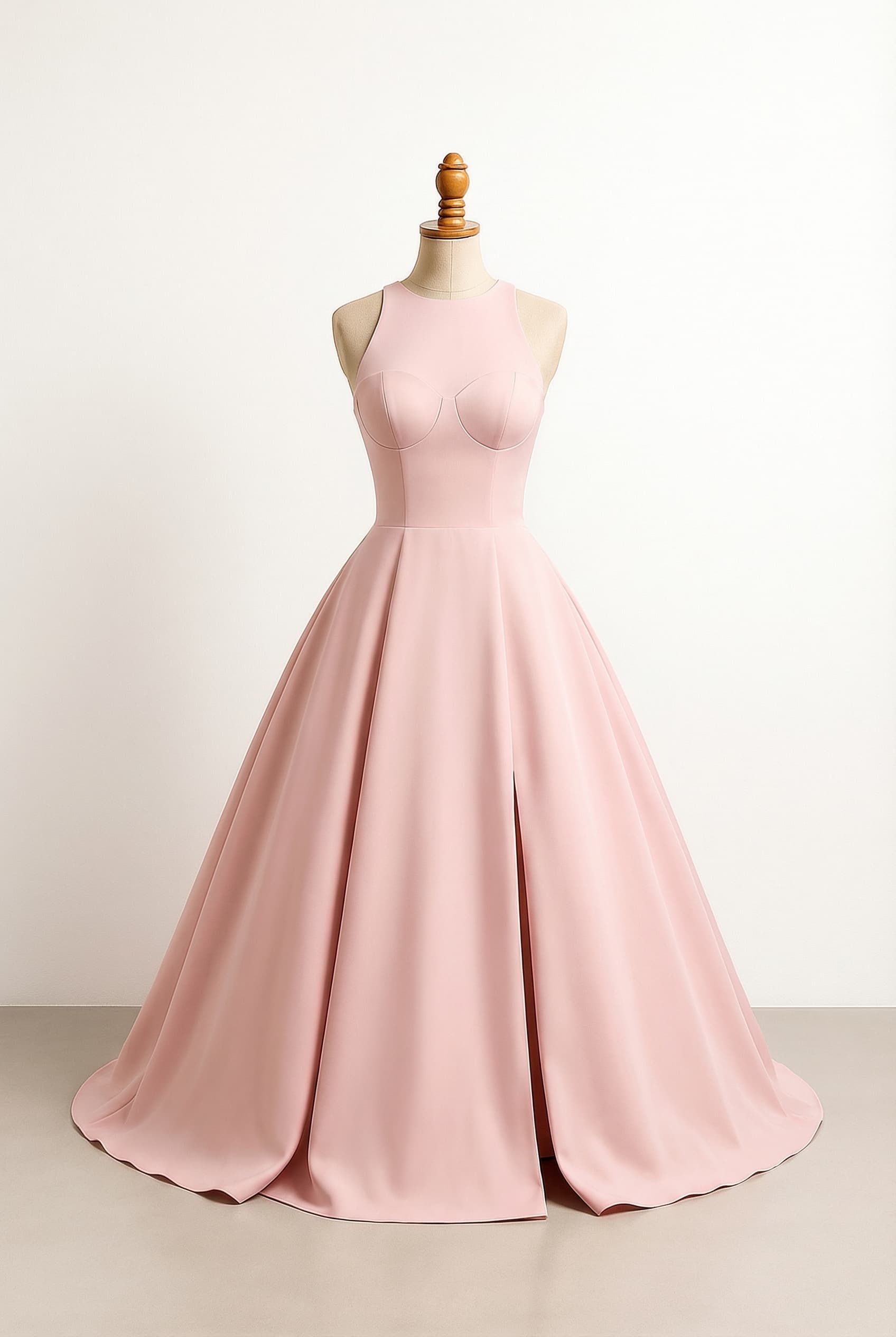 I want a balanced prom dress poofy ball gown silhouette soft pink color no ruffles with a high neckline and a slit to about mid-thigh The top is designed to enhance breasts without revealing them with a sweetheart neckline