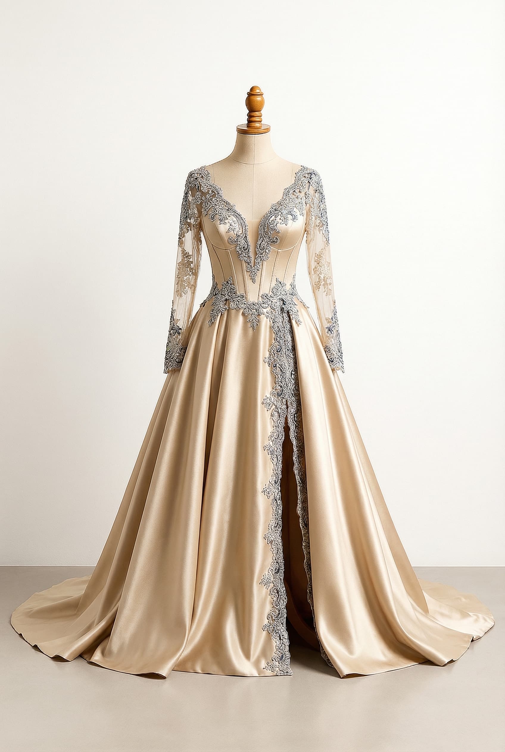 Opulent champagne-gold satin ball gown wedding dress with a long train, featuring a thigh-high front slit, structured corset bodice with deep illusion plunge, v neckline, and intricate silver and navy blue lace appliqués that frame the slit, bodice, waist, and a sheer lace sleeve