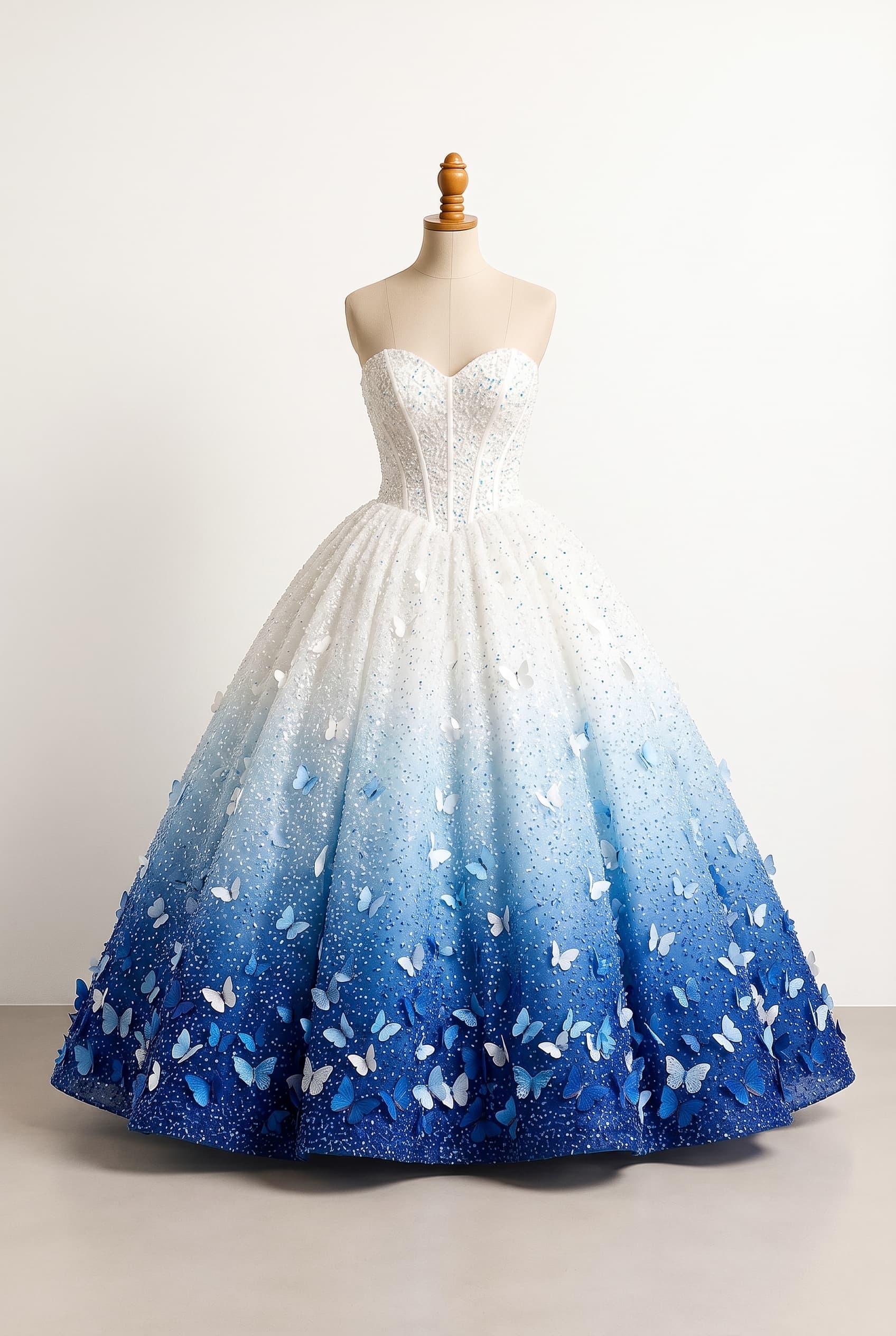 Balanced ball gown wedding dress with a Cinderella silhouette featuring a sweetheart-shaped corset top and a large floor-length skirt that look seamless together, designed to be as voluminous and big as possible while still allowing for mobility to walk and sit. The color design fades from white to light blue to dark royal blue. The dress is covered in matching-colored butterflies that are concentrated on the royal blue portion and become sparse towards the white section. The entire dress features heavy opal-look beading. No sleeves.