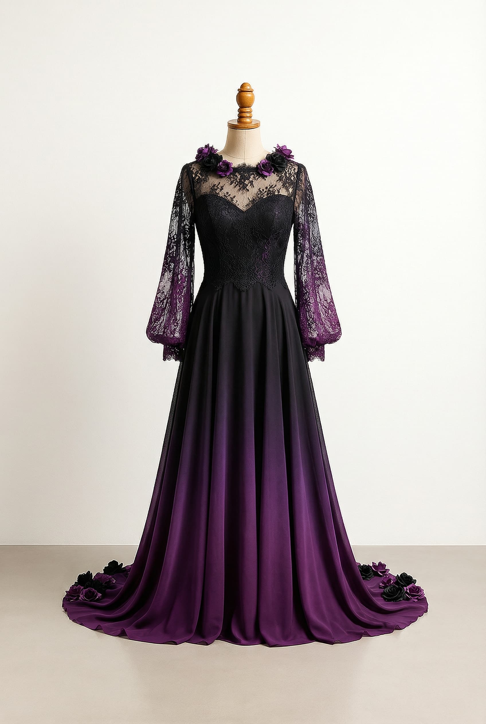 Modest style with full coverage, higher necklines, and sleeves. Black fading into purple, Lace bodice, long lose skirt, long flowy sleeves, small trein, black and purple flowers on trein, black and purple flowers on neckline, sweetheart neckline, modest wedding dress