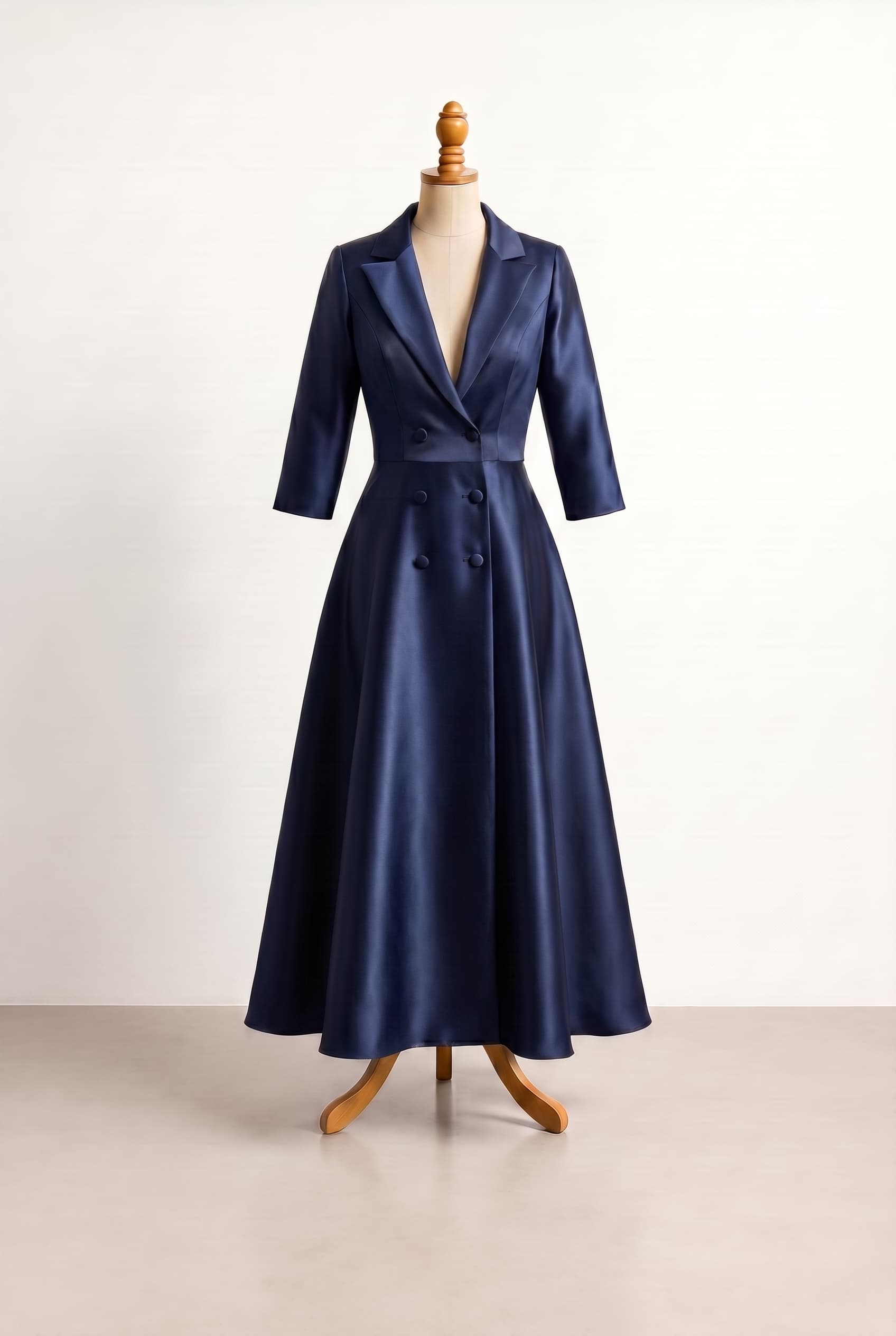 An elegant mother of the bride dress in Midnight Navy, ankle length, three-quarter sleeves or tailored double-breasted jacket, in a fall color palette, no sequins, with a Plunge - Deep dramatic V-neck