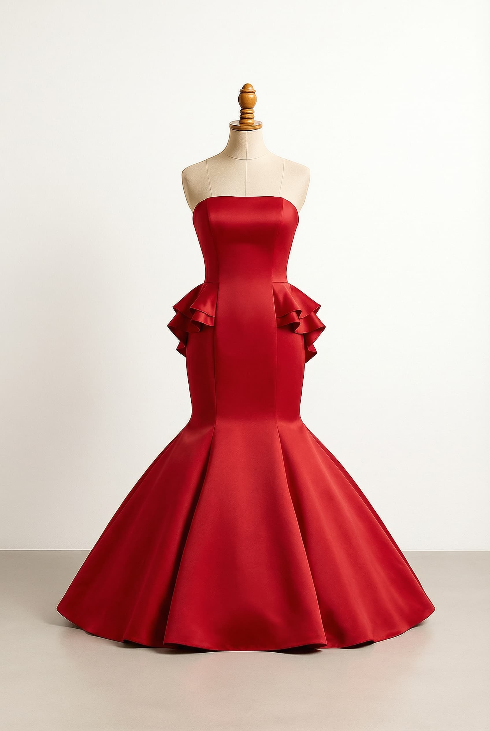 I want a revealing prom dress red dress tight around the waist like a mermaid dress at the end but very big that you cant see my shoes no shoulders some paella on the bottom of my waist but not a lot, it doesn’t have sparkle and it’s no big enough at the bottom I want it to stand out