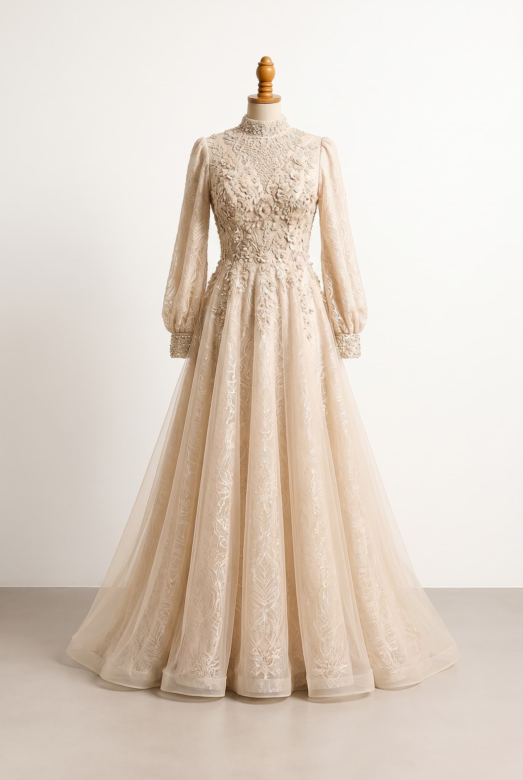 Elegant wedding dress in subtle Champagne color with heavy beading on the bodice and top of the skirt that fades down lace and detailed embellishments flowy A-line silhouette Tulle fabric high neckline with long bishop sleeves Floor-sweeping front finish for ease of movement