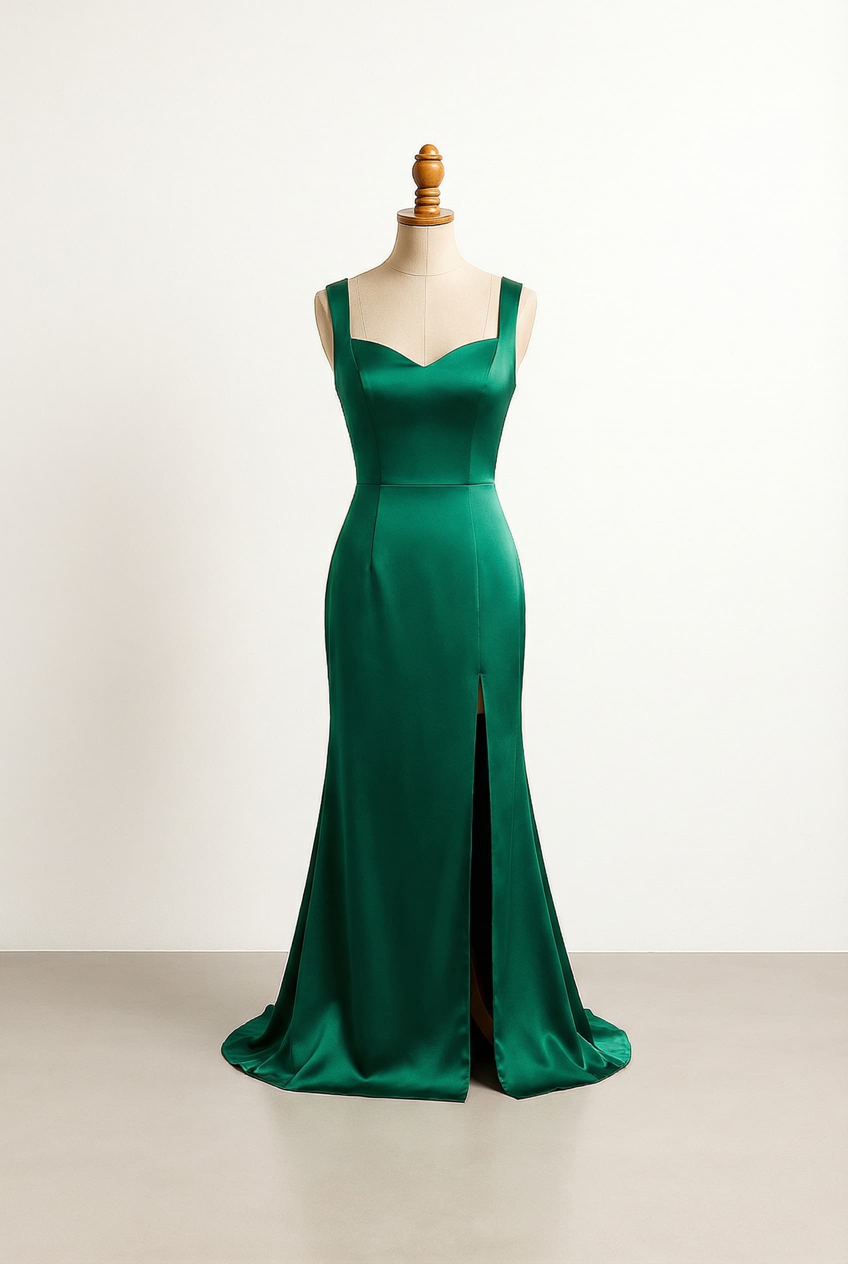 Glamorous, bright red, tight-fitted prom dress with a strapless sweetheart neckline that shows cleavage, pearls scattered across the bodice, and a high slit.