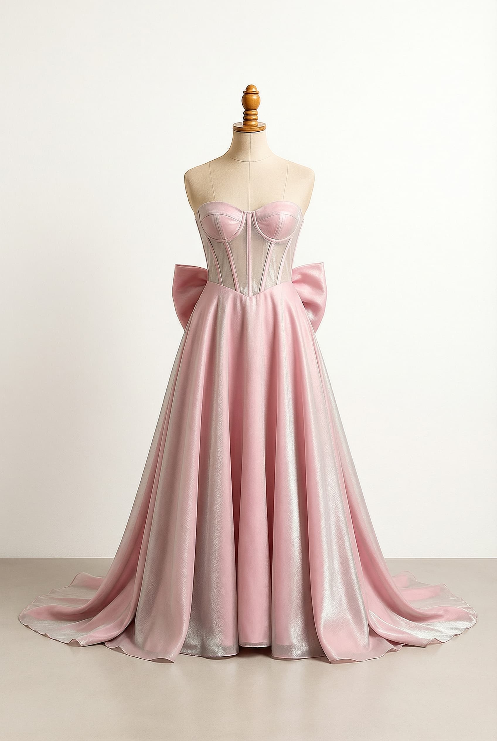 Big, a small train with a bow on the back, pink and silver in the front another layer not too noticeable and clear corset