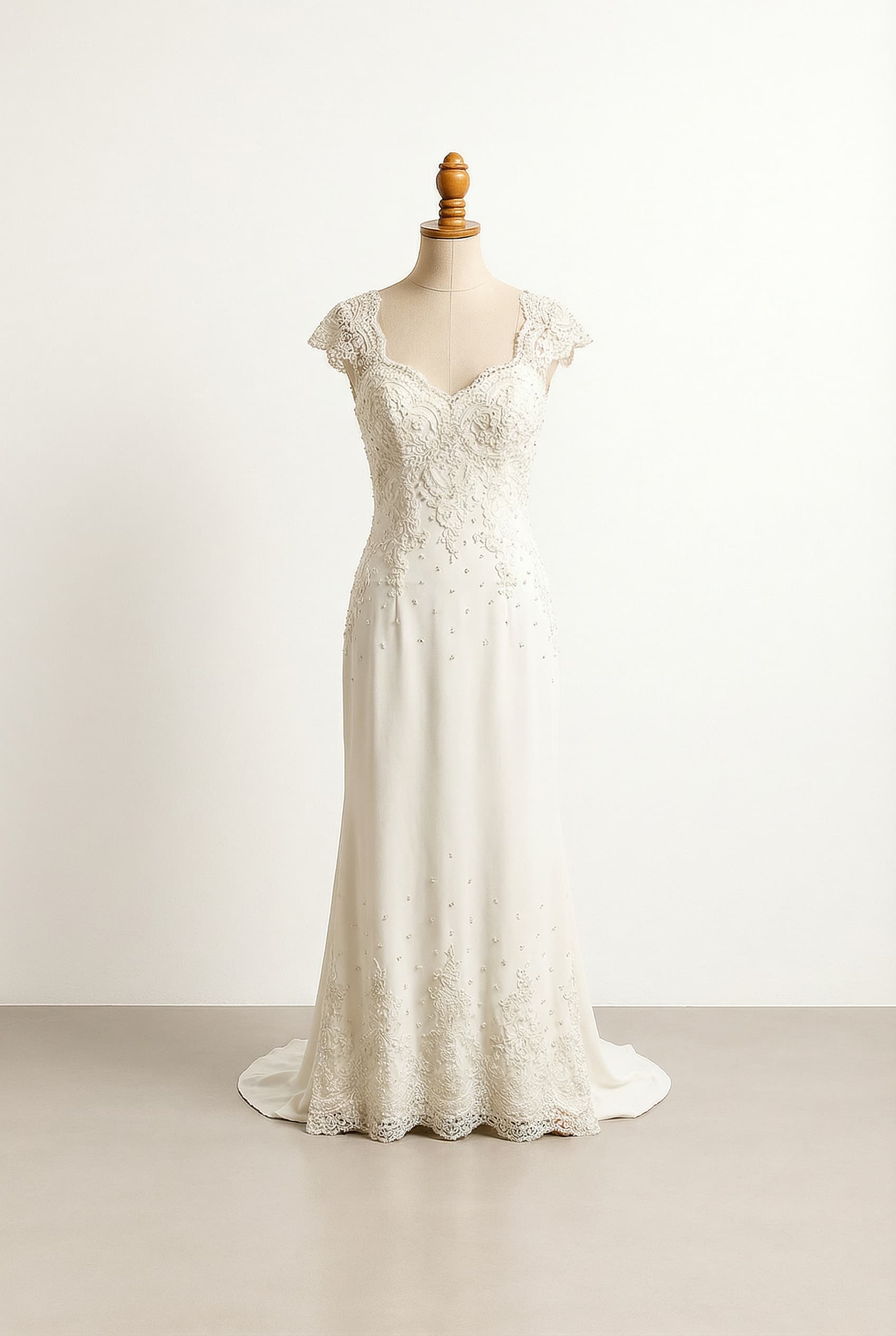 Edwardian column dress in ivory Crepe, floor-length with a subtle train at the back, sweetheart neckline framed by concentrated vintage lace and beadwork featuring diamonds, cap sleeves with echo beadwork featuring diamonds, and front adorned with delicate scattering of vintage lace and beadwork featuring diamonds, with an intricate focus on the bodice and hem.