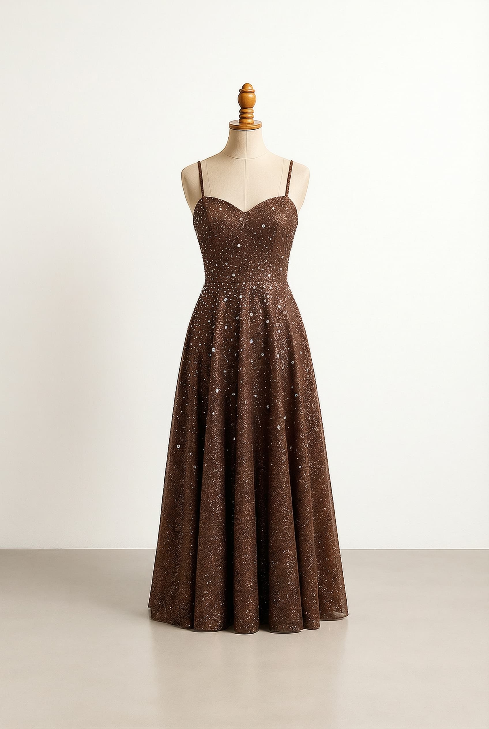 Glamorous prom dress in pink or brown, with diamonds and glitter.