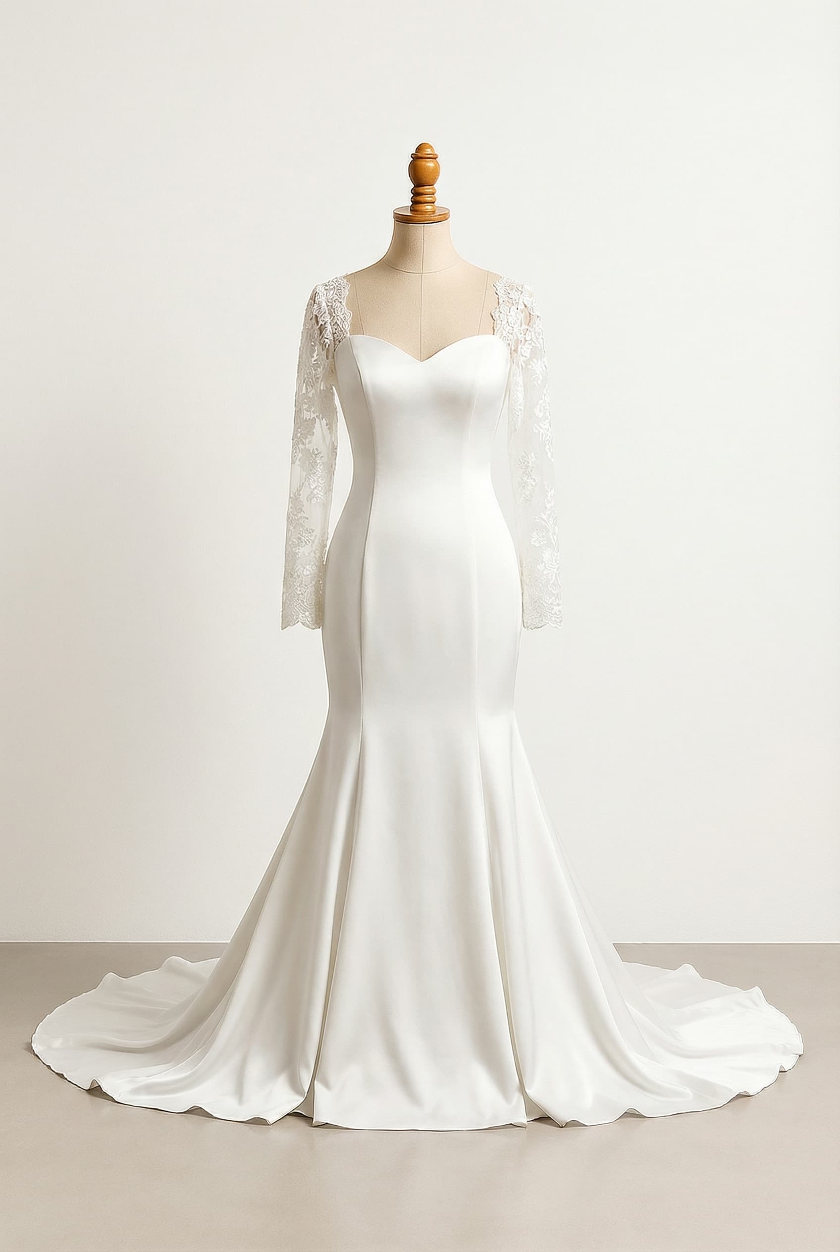 A romantic wedding dress with elegant details, featuring lace on the sleeves.
